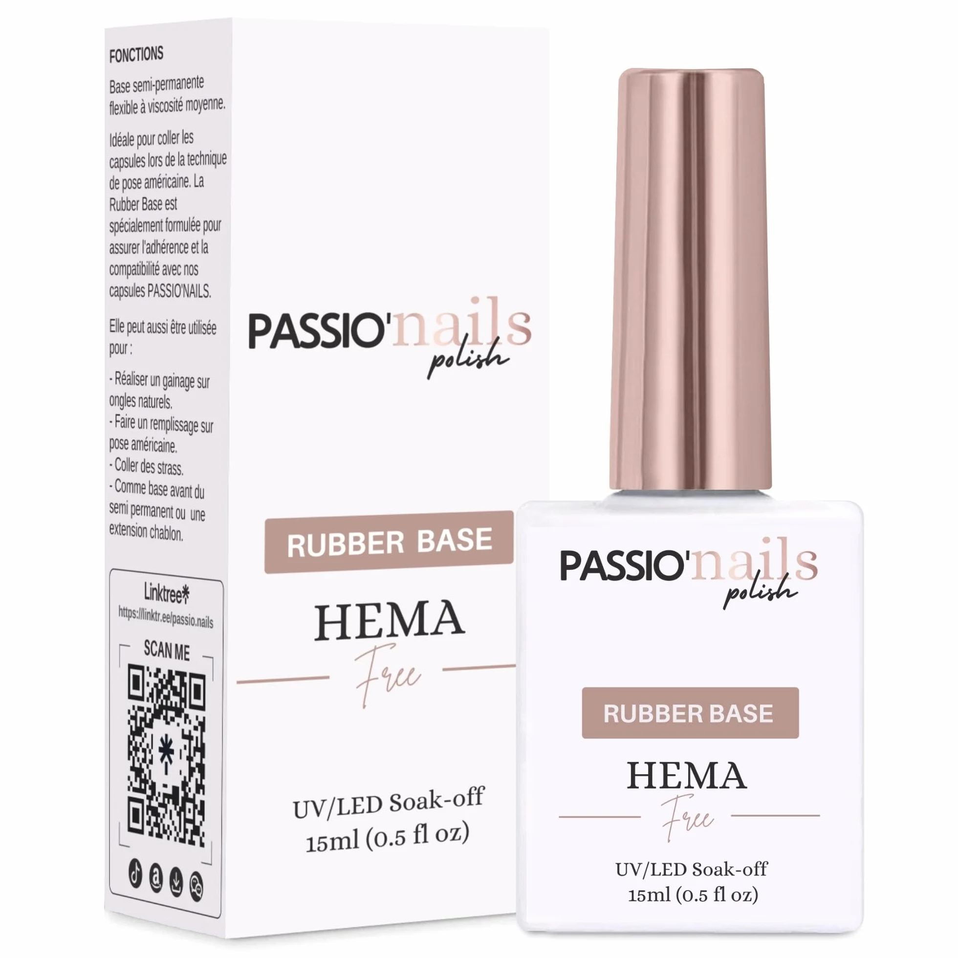Passio’Nails Rubber Base HEMA-free 12-free Gel UV LED Multifonction 5 en 1 15ml
