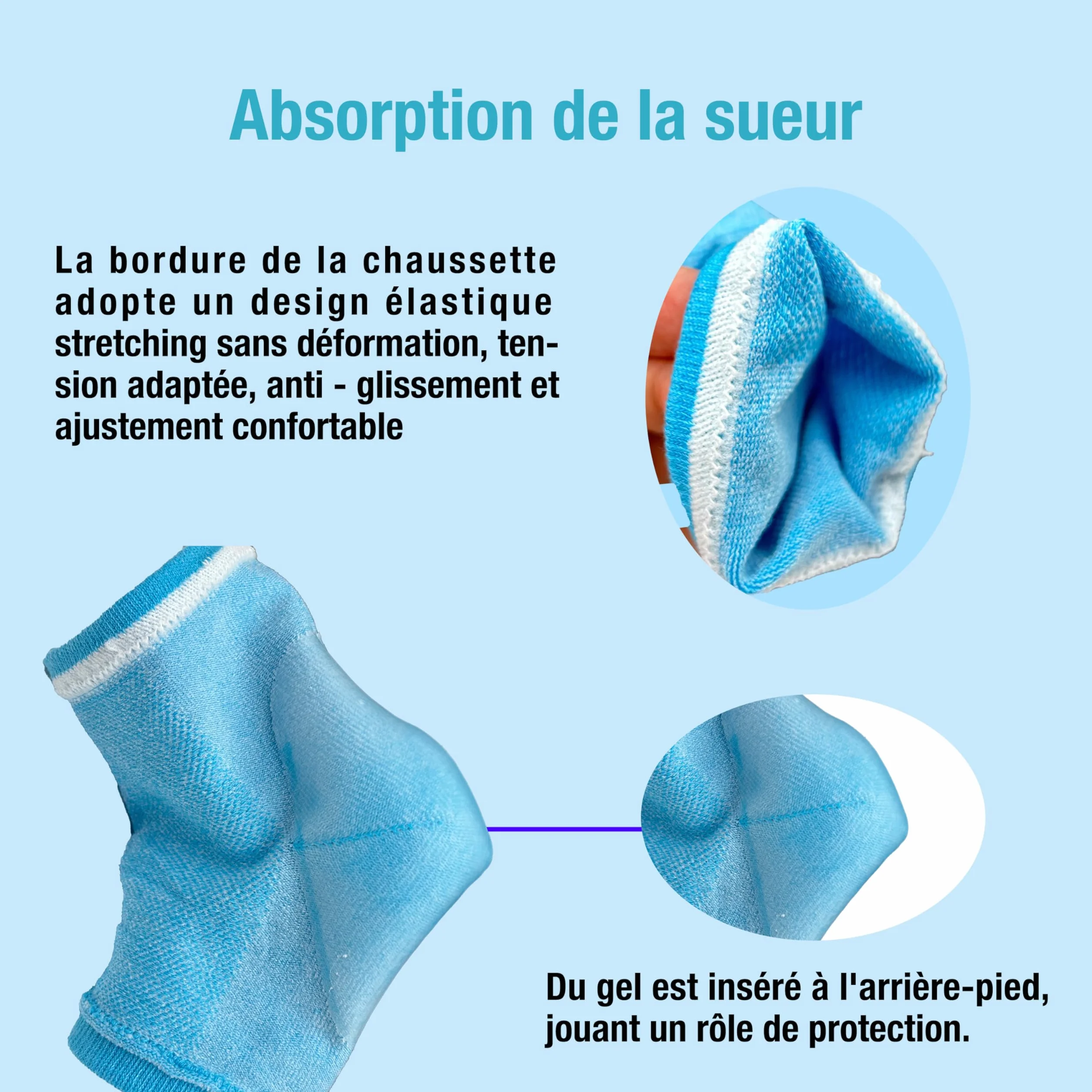Chaussettes hydratantes de nuit réutilisables en gel respirant silicone souple pour pieds secs crevassés