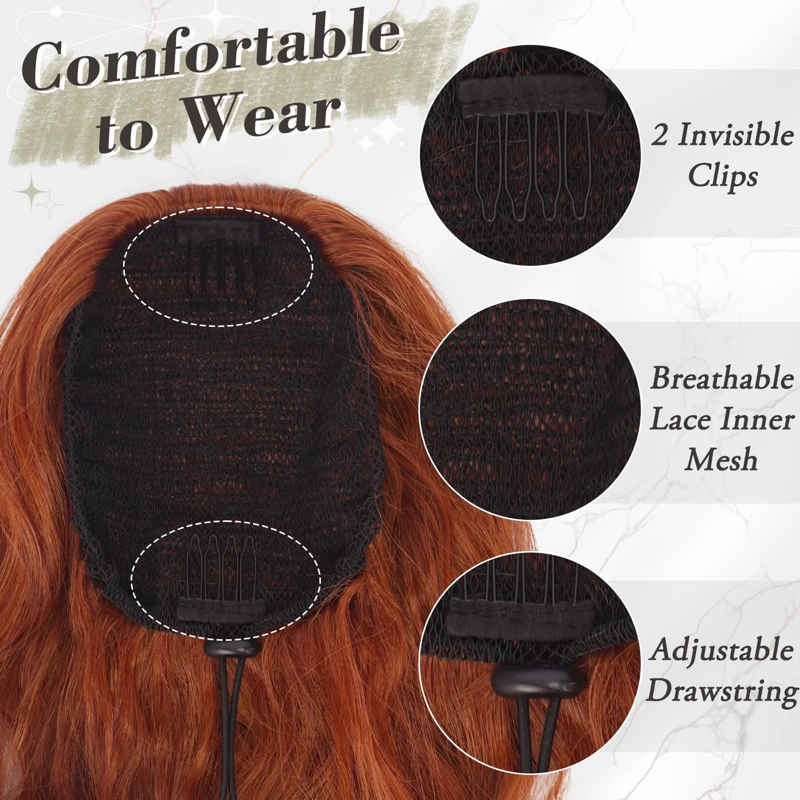 BARSDAR Rouge Cuivré Queue de Cheval Extension, 66cm Cordon Queue de Cheval Extension de Cheveux pour Femme, Longue Bouclé Ondulées Synthétique Clip en Queue de Cheval Postiche, Cowboy Rouge Cuivré