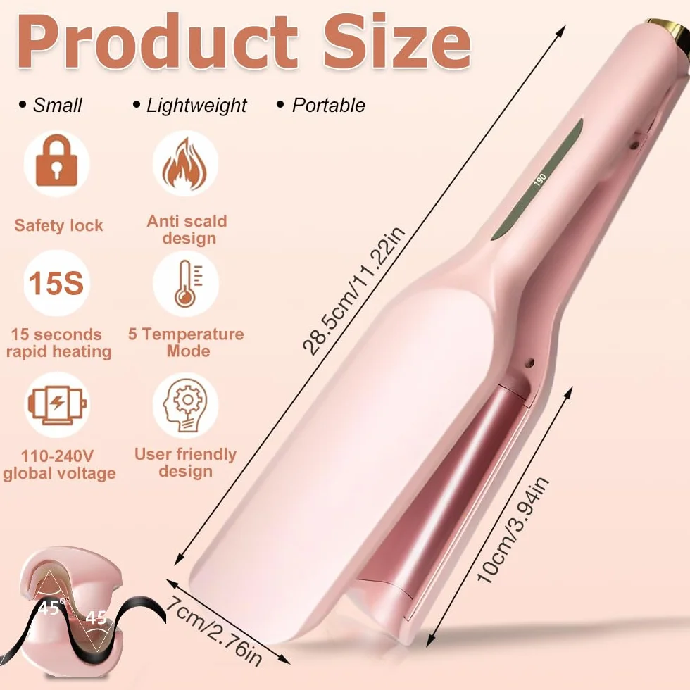 Fer a Onduler Cheveux, 32mm Boucleur a Cheveux, Fer à Onduler, Fer a Gaufrer les Cheveux, Fer a Friser Boucler avec 5 Températures Réglables, Boucleur Wavy pour Tous les Types de Cheveux (Rose)