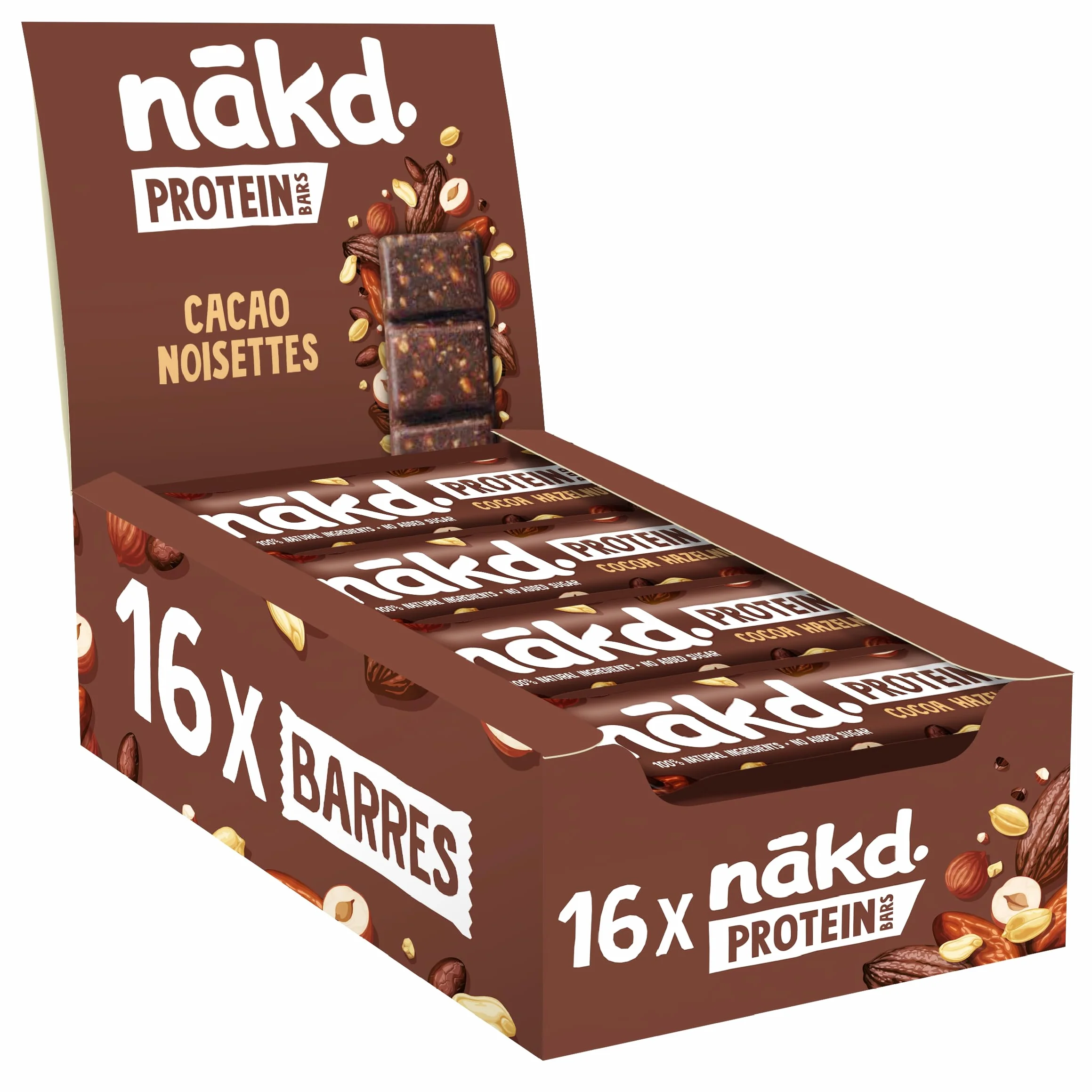 Nākd. Protein Barre Cacao Noisette 45g 7g Protéines Végétales Vegan Sans Sucres Ajoutés 16x45g