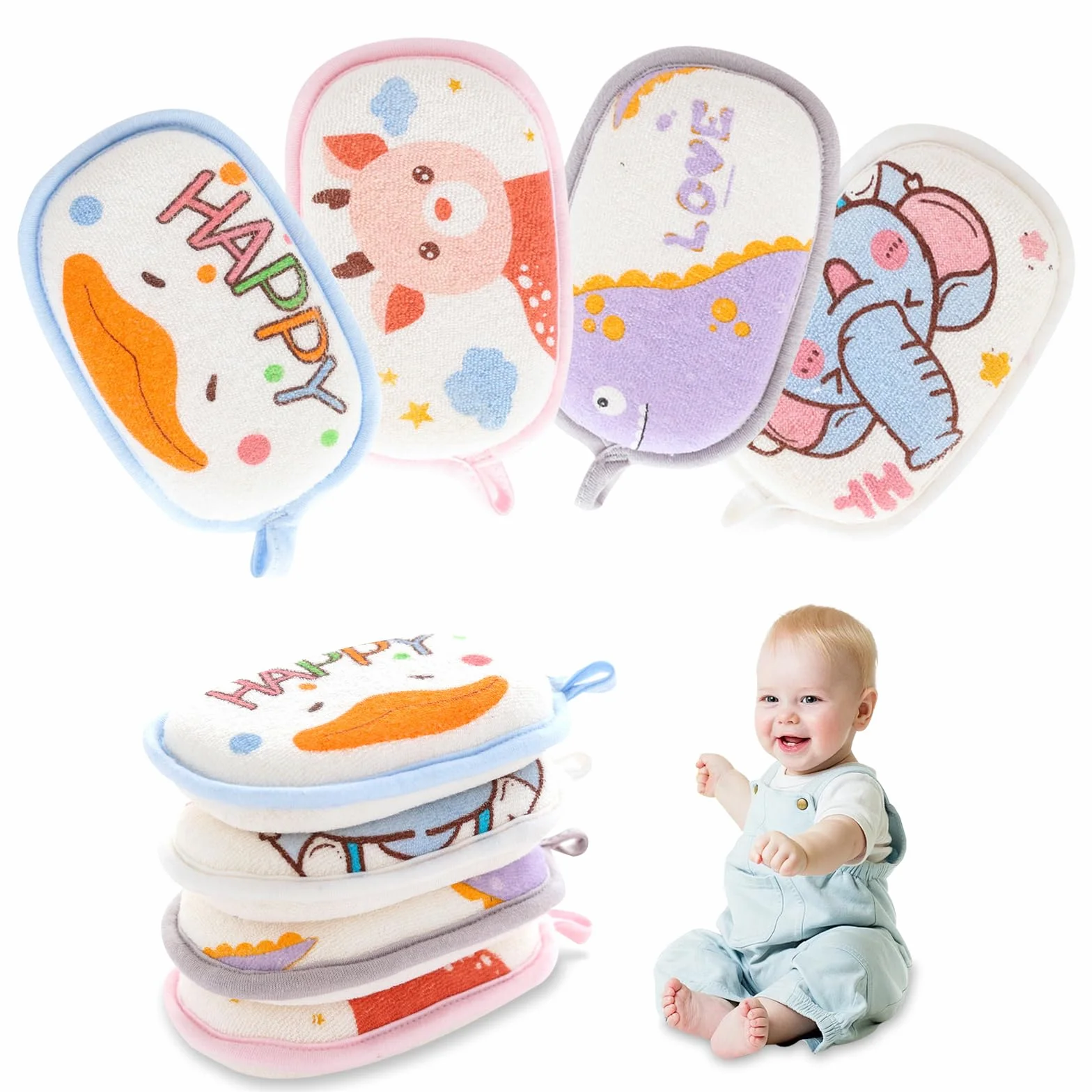 Éponges de Bain pour Bébés 4 Pièces, Naturelles, Trois Couches de Protection