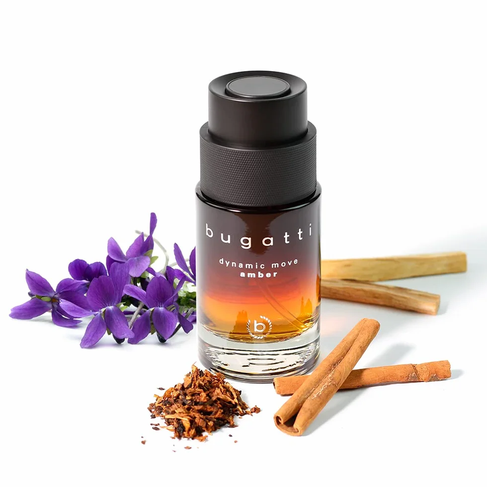 bugatti Parfum pour homme Dynamic Move Amber 100ml I Eau de Toilette fumé et chaud I combinaison sensuelle et puissante de cannelle, tabac et cypriol I Parfum pour homme, poudré, doux et épicé