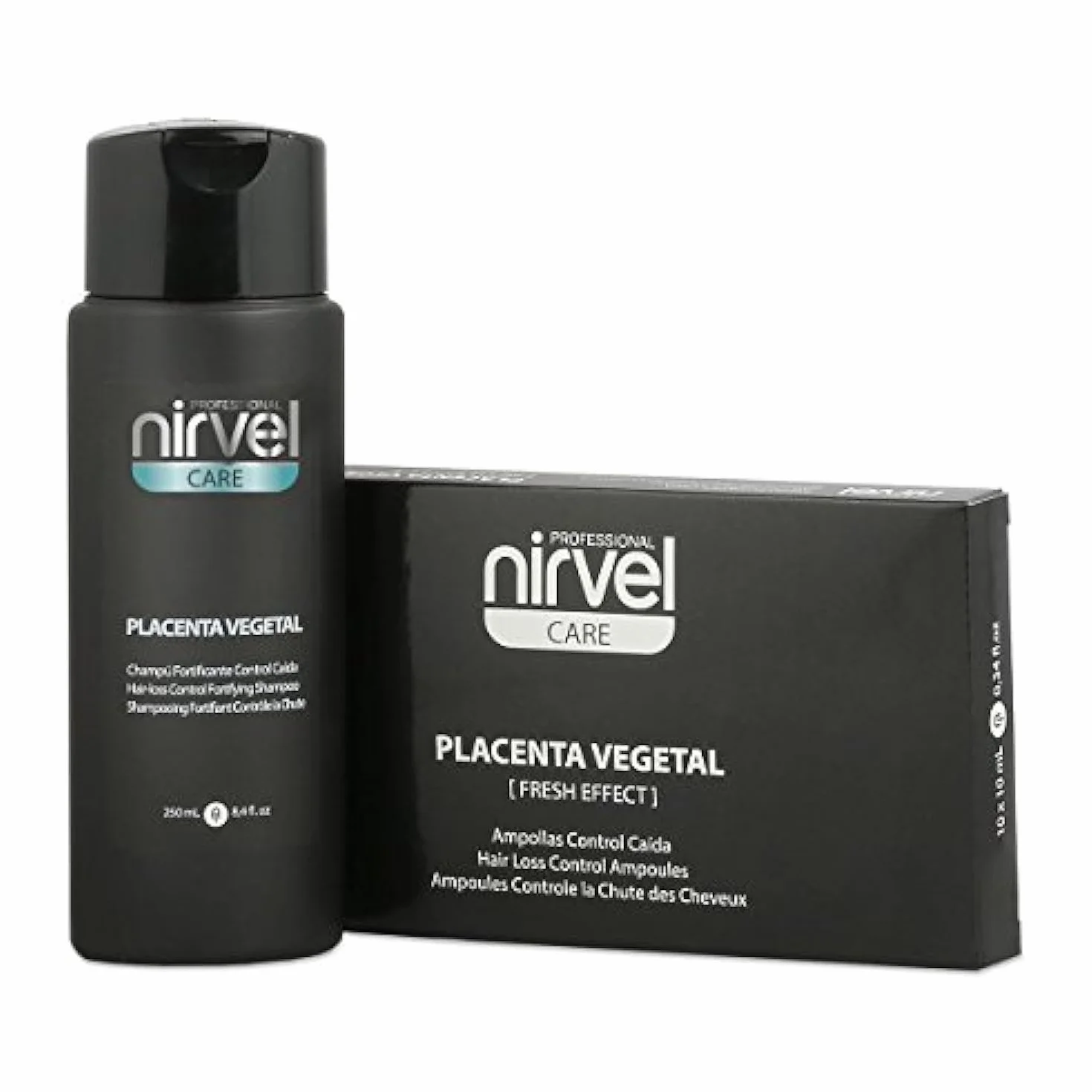Nirvel Pack de 10 ampoules de contrôle de chute des cheveux à base de placenta végétal et shampooing de 250 ml.
