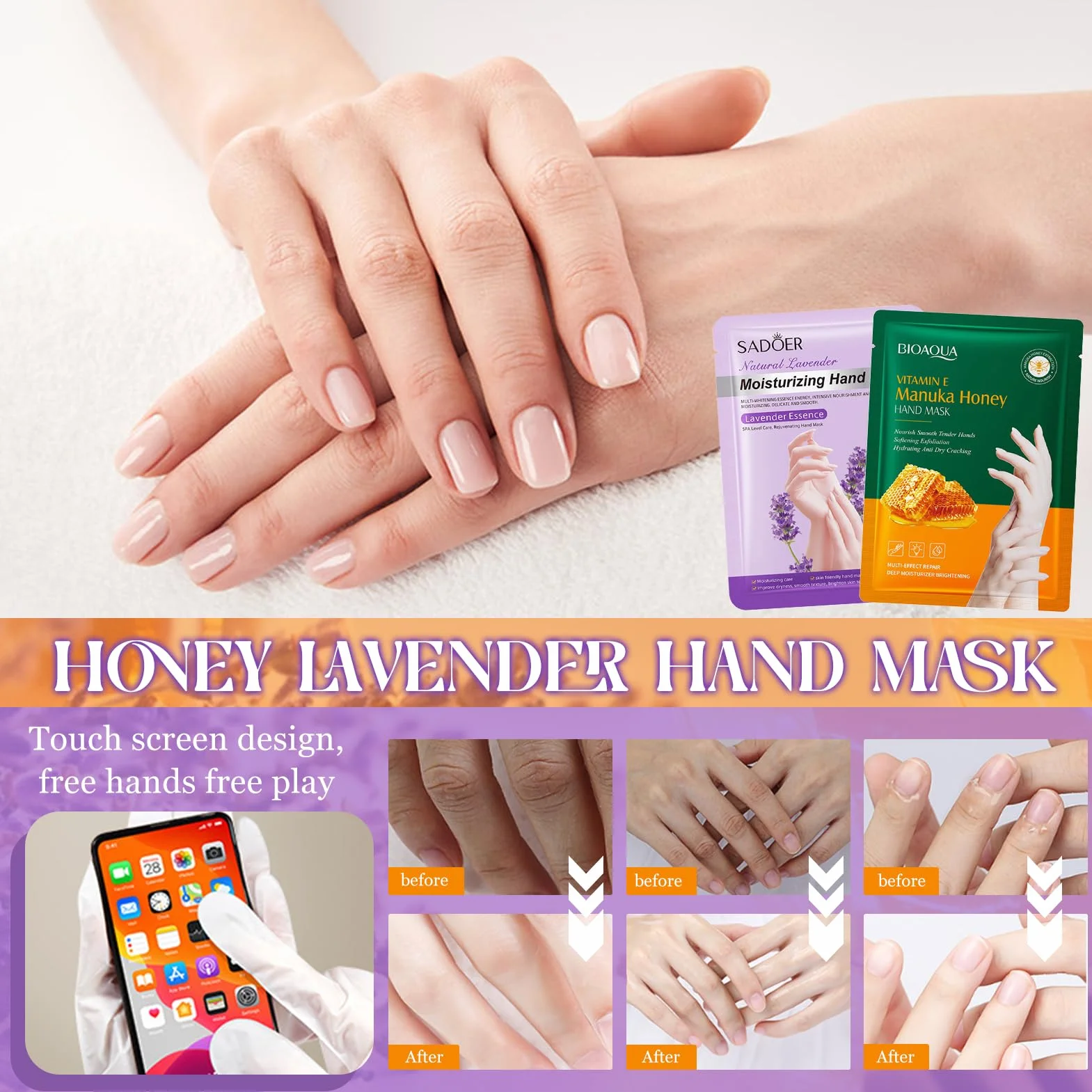 Masque Main Hydratant Miel Lavande 6 Paires Gants Hydratants pour Peau Sèche et Craquelée (Vert)