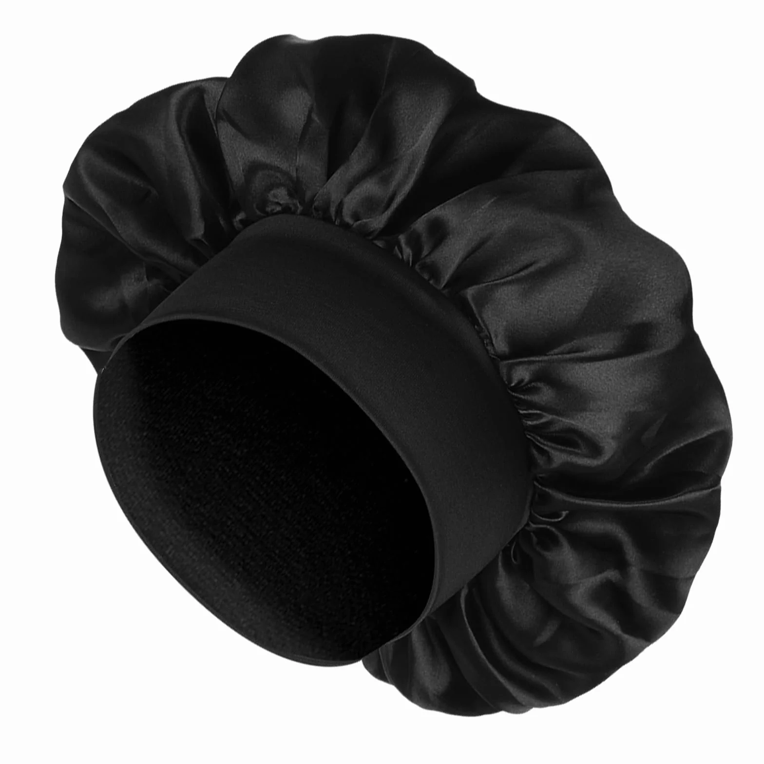 Bonnet en satin pour dormir double couche réversible noir large élastique 1 pièce