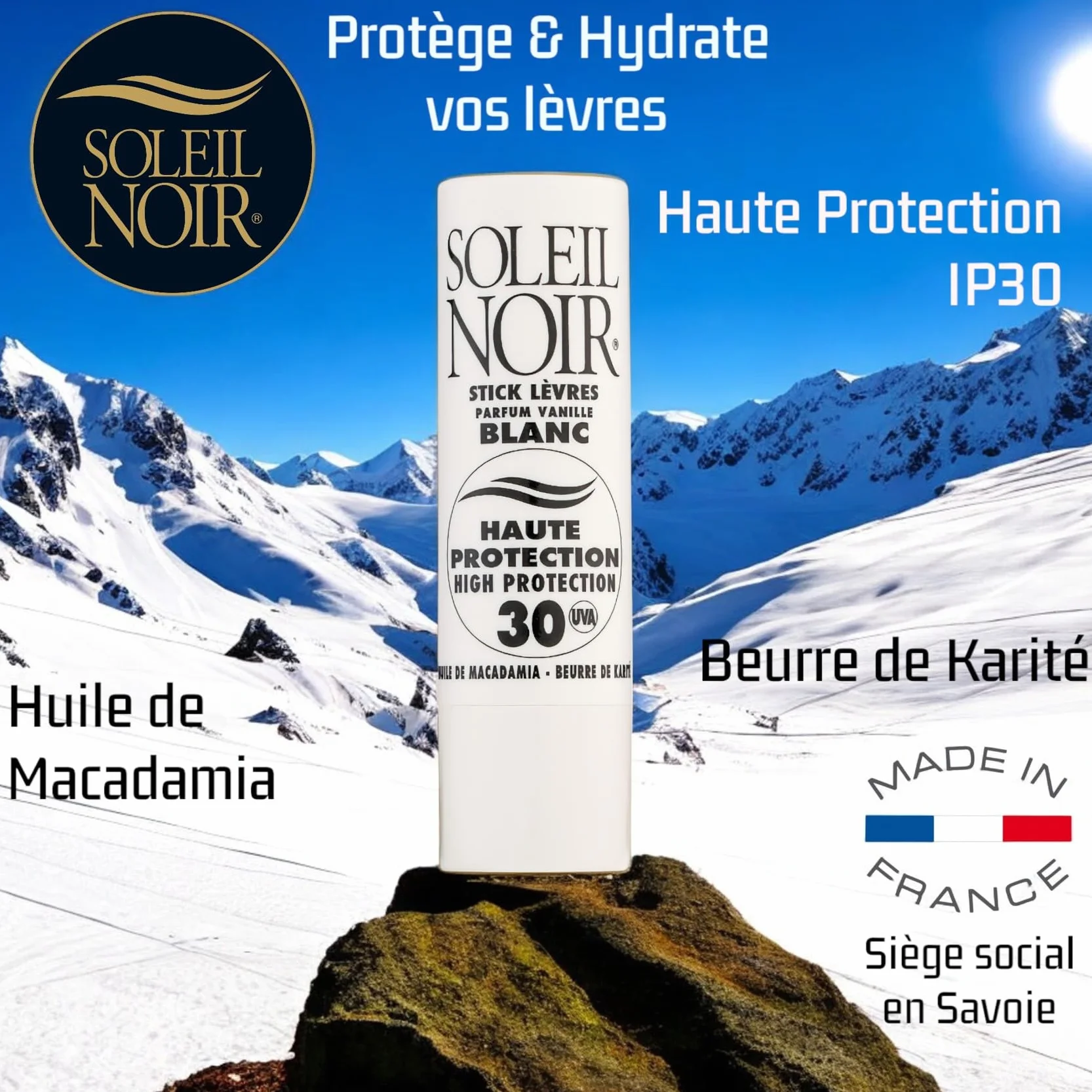 Stick Lèvres Blanc SPF 30 Haute Protection Solaire Soleil Noir Huile de Macadamia Beurre de Karité 4g