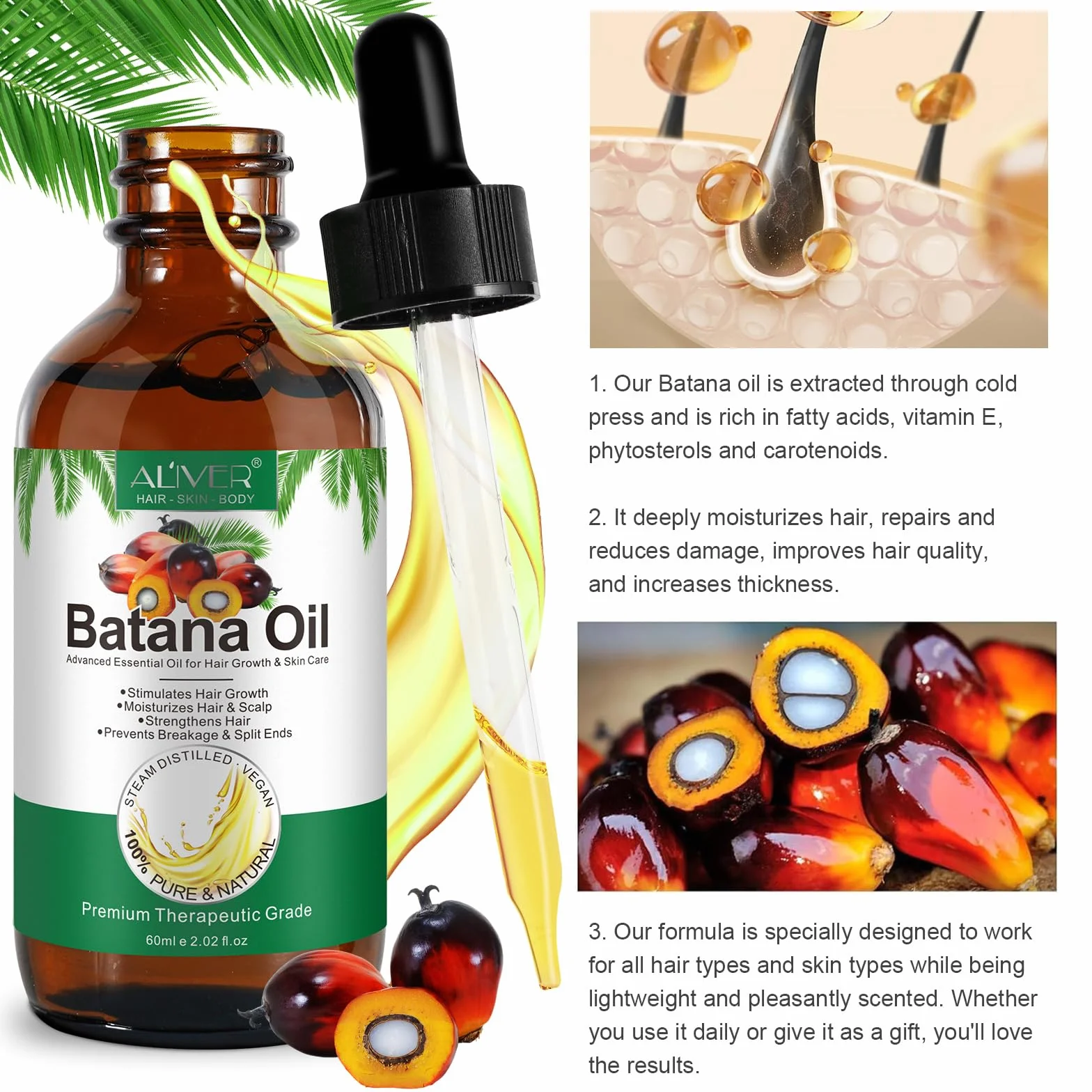 Huile de Batana Bio 60ml pour Cheveux, Sourcils et Cils - Aromathérapie, Massage