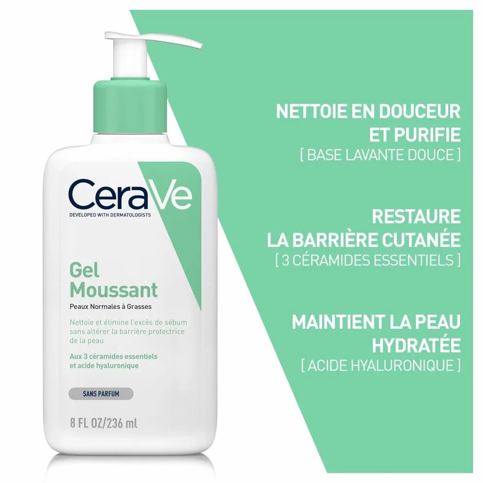 CeraVe Gel Moussant Nettoyant Visage 473 ml Acide Hyaluronique Céramides Niacinamide Peau Normales à Grasses