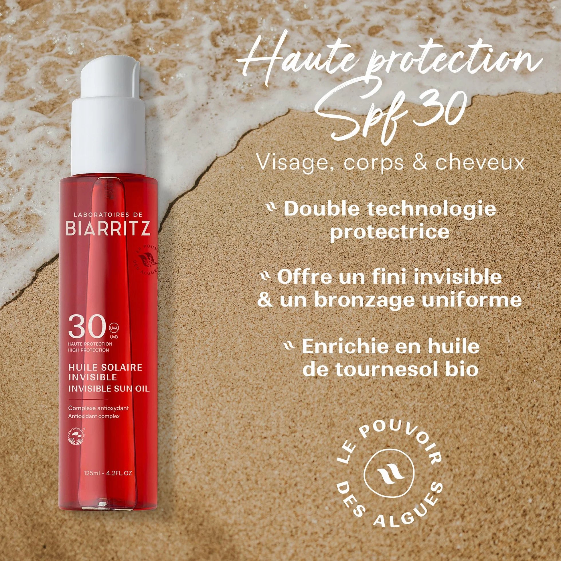 Laboratoires de Biarritz - Huile Solaire Satinée SPF30 - Texture Invisible - Visage, Corps & Cheveux - Parfum 100% d’Origine Naturelle - Protège & Sublime la Peau - 125 ml - Fabriquée en France