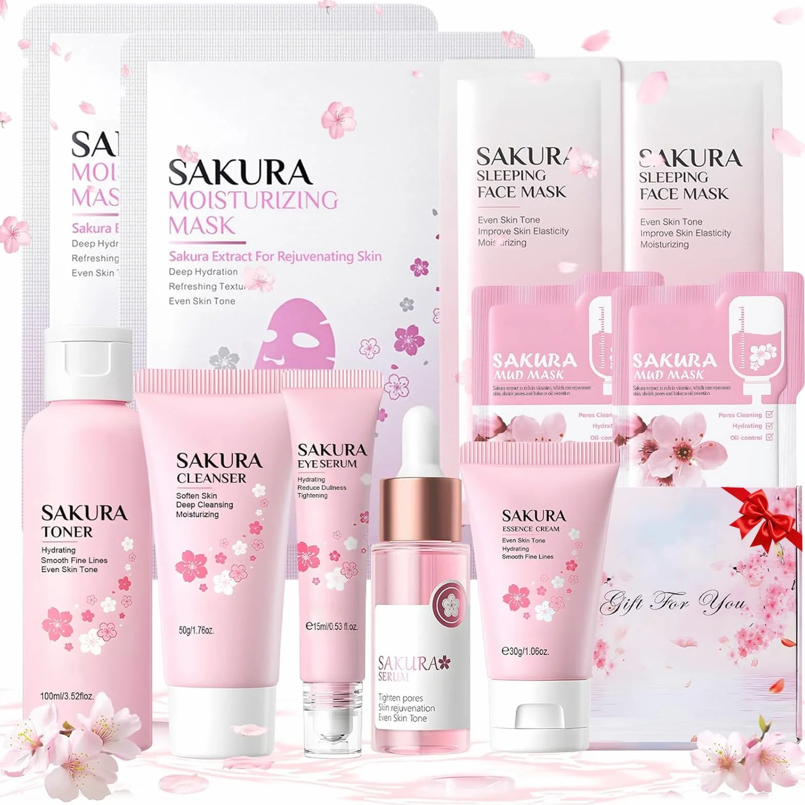Sakura Coffret Soins Visage Femme 11 Pièces, Coffret de Soin Peau Hydratant Nourrissant