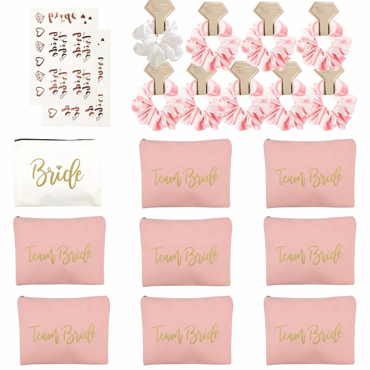 20 pcs Bride to Be Decoration,Cadeaux de Mariée Demoiselle d'honneur 9 Trousses de Maquillage Demoiselle d'honneur Team Brides 9 Chouchou Satin,Tatouage EVJF pour Mariage Fête