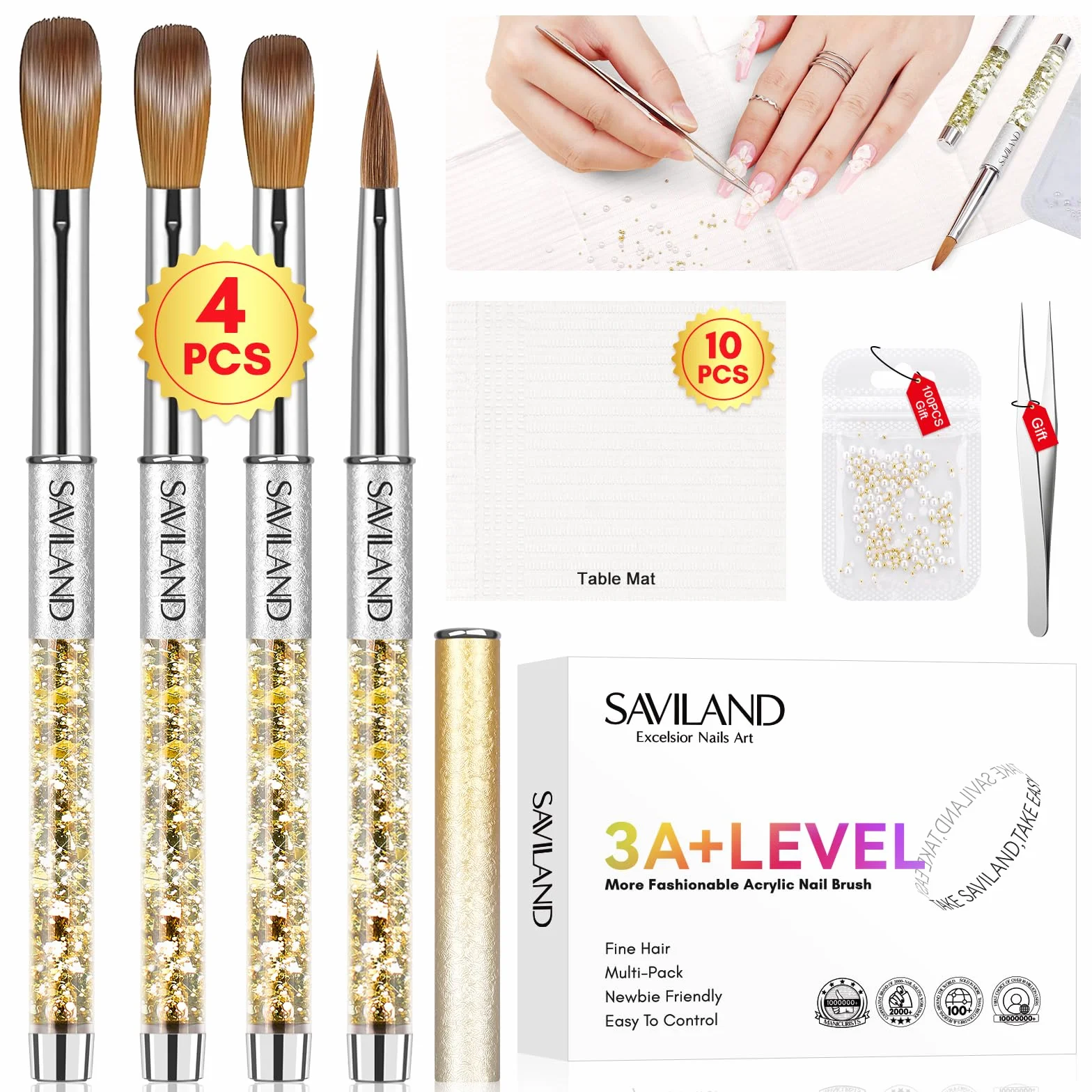 Saviland 4 Pinceaux pour Ongles Acryliques: Kolinsky Nail Art Professionnel, pour Poudre Acrylique (#6/10/12/16)