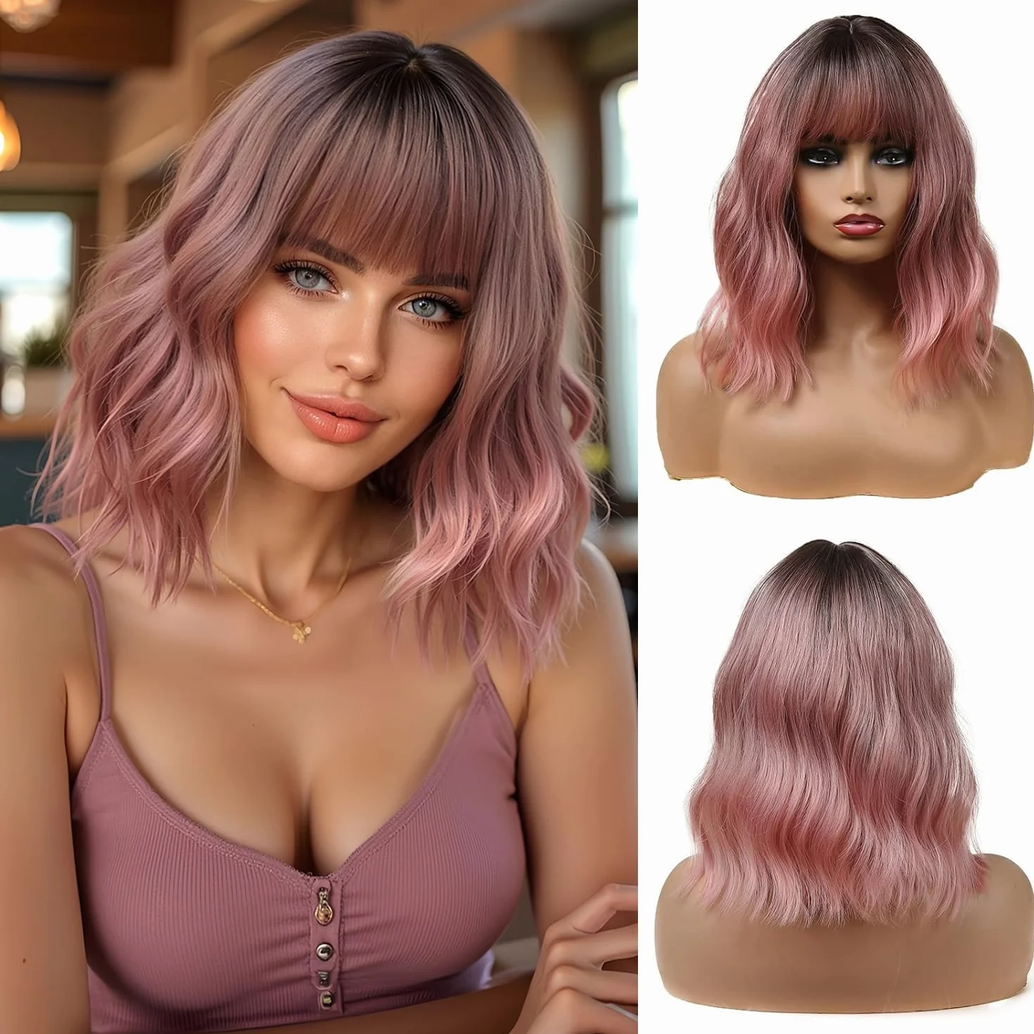 Esmee 14 Pouces Court Ndulée Ombre Rose Bob Perruque avec Franges Naturelle Synthétique Heat Resistant Perruques pour les Femmes avec des Racines Sombres pour la fête Quotidienne Cosplay Portez