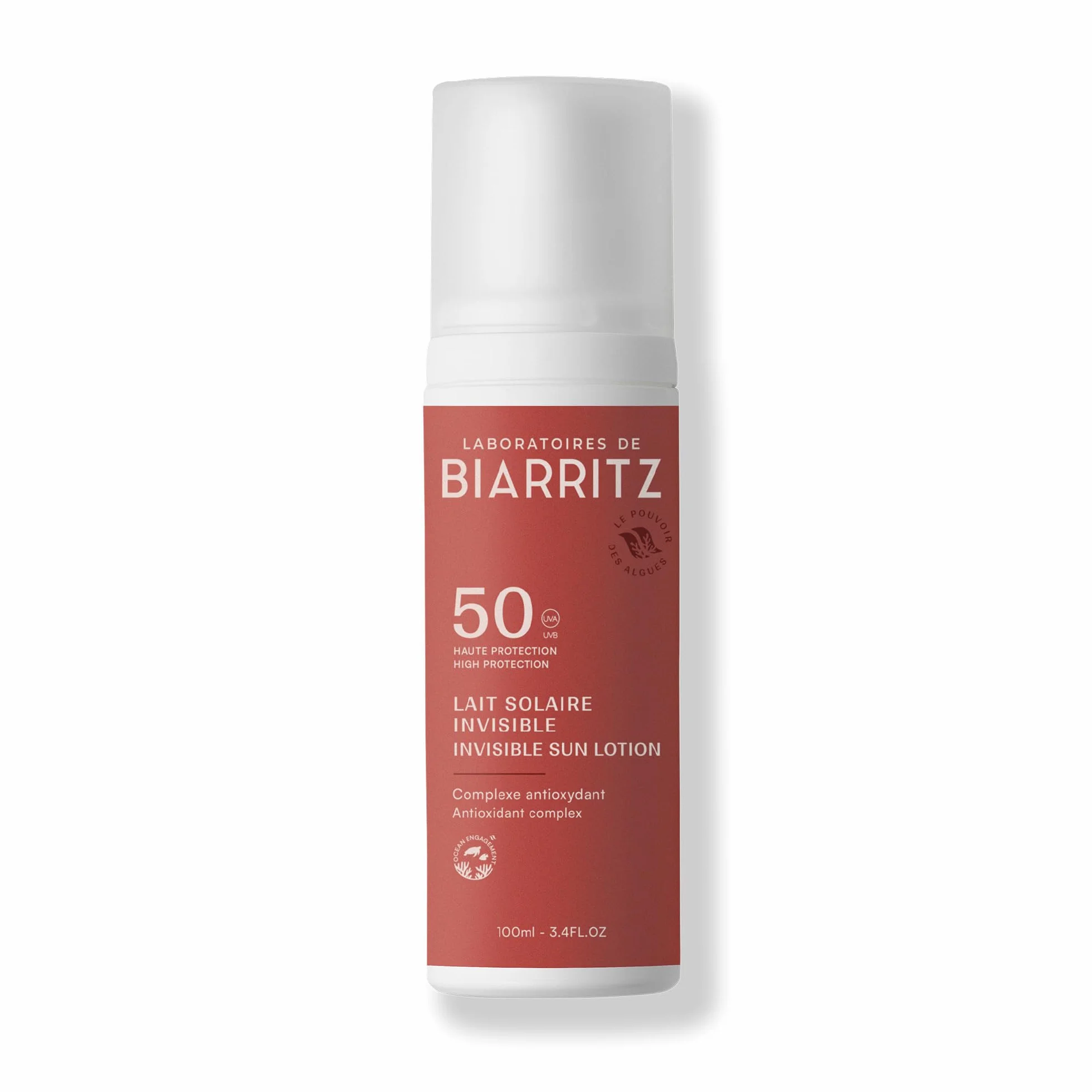 Laboratoires de Biarritz - Lait Solaire Invisible SPF50 - Texture Fluide Invisible - Visage & Corps - Effet Frais dès Application - Parfum 100% d’Origine Naturelle - 100 ml - Fabriqué en France