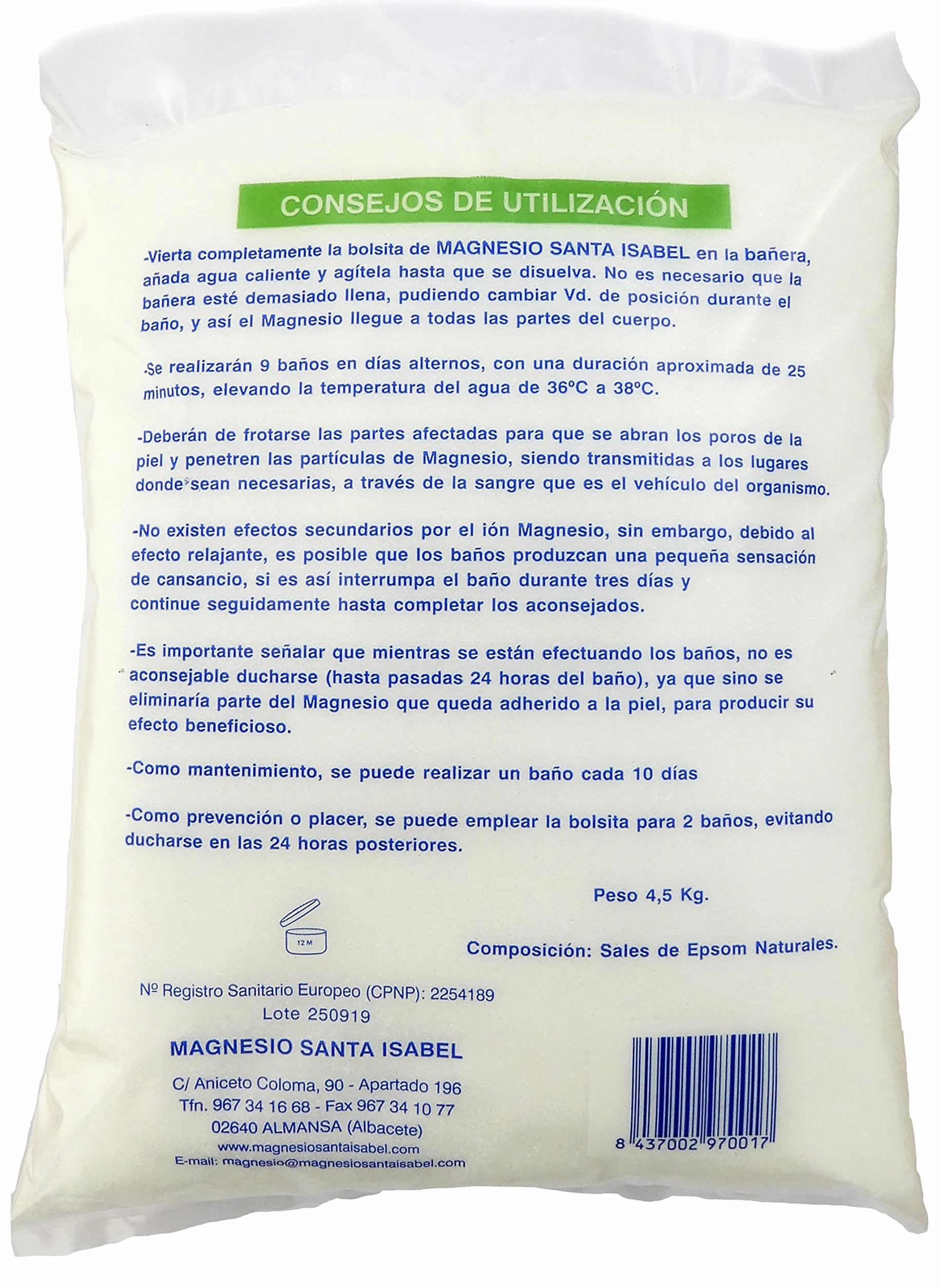 Sel d'Epsom Naturel 4,5 kg - Magnésium Santa Isabel. Sulfate de Magnésium Pur des Anciens Thermes de La Higuera - Sels de Bain Relaxants pour Bain de Pieds, Récupération Musculaire et Enveloppements