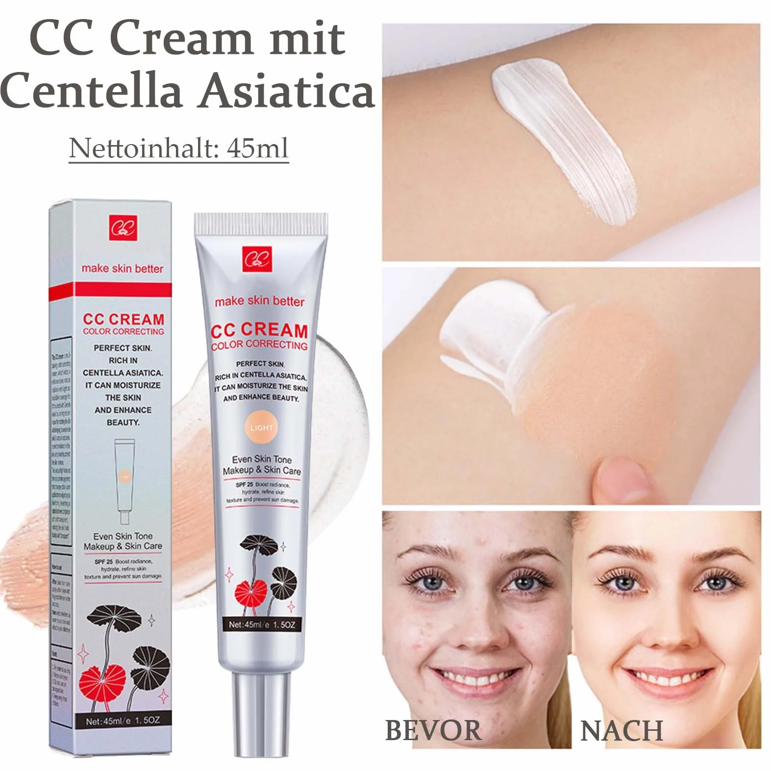 CC Cream avec Centella Asiatica SPF 25 - Fondation de maquillage anti-cernes couvrance complète