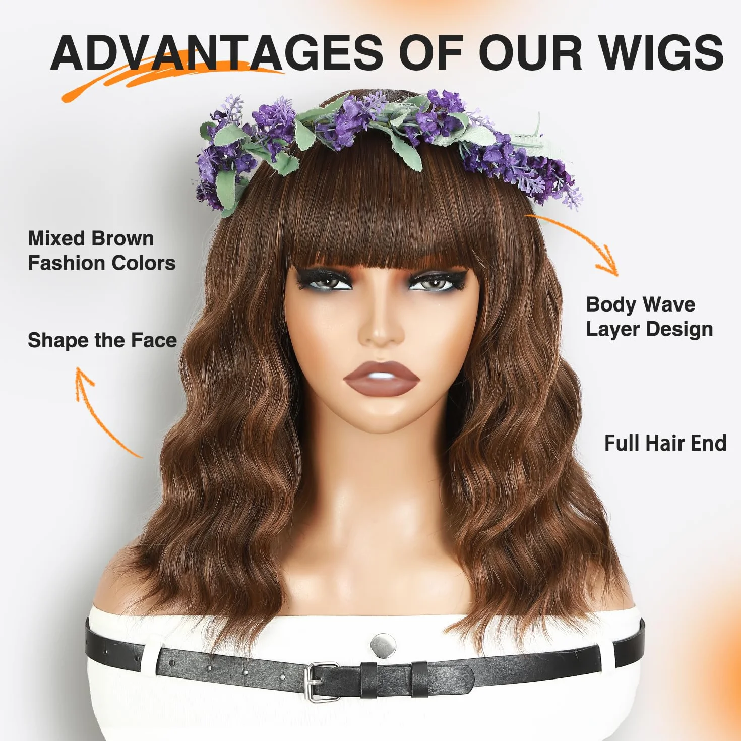 WIGNEE Perruque Carré Ondulée Courte avec Frange – Blond Ombré/Mèches, 30cm Fibre Synthétique Résistante à la Chaleur, Perruque Sans Colle Bouclée Naturelle pour Femme, Usage Quotidien & Fête