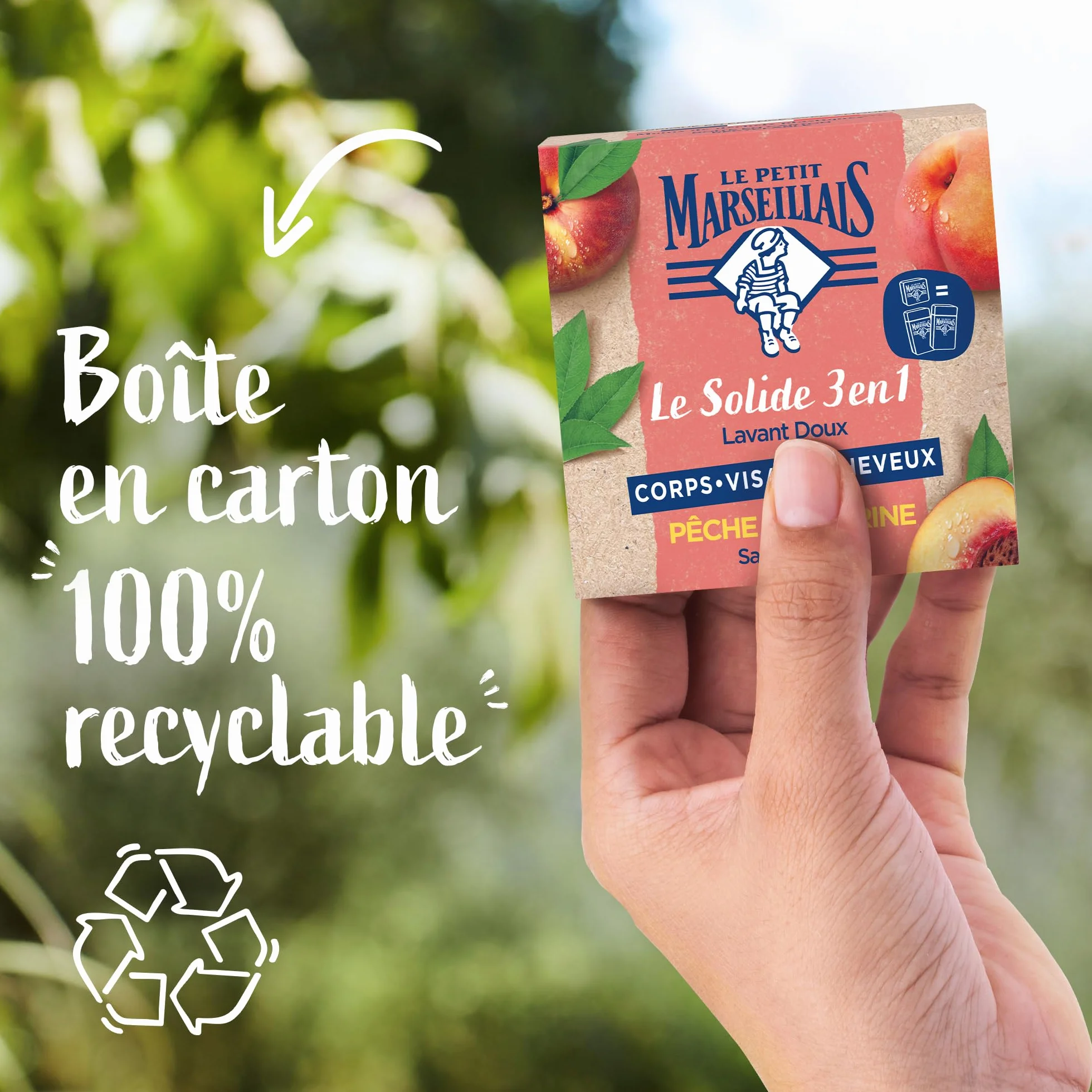 Le Petit Marseillais Le Solide 3 en 1 Lavant Doux Pêche Nectarine Savon solide corps visage cheveux sans sulfate équivalent 2 flacons gel douche