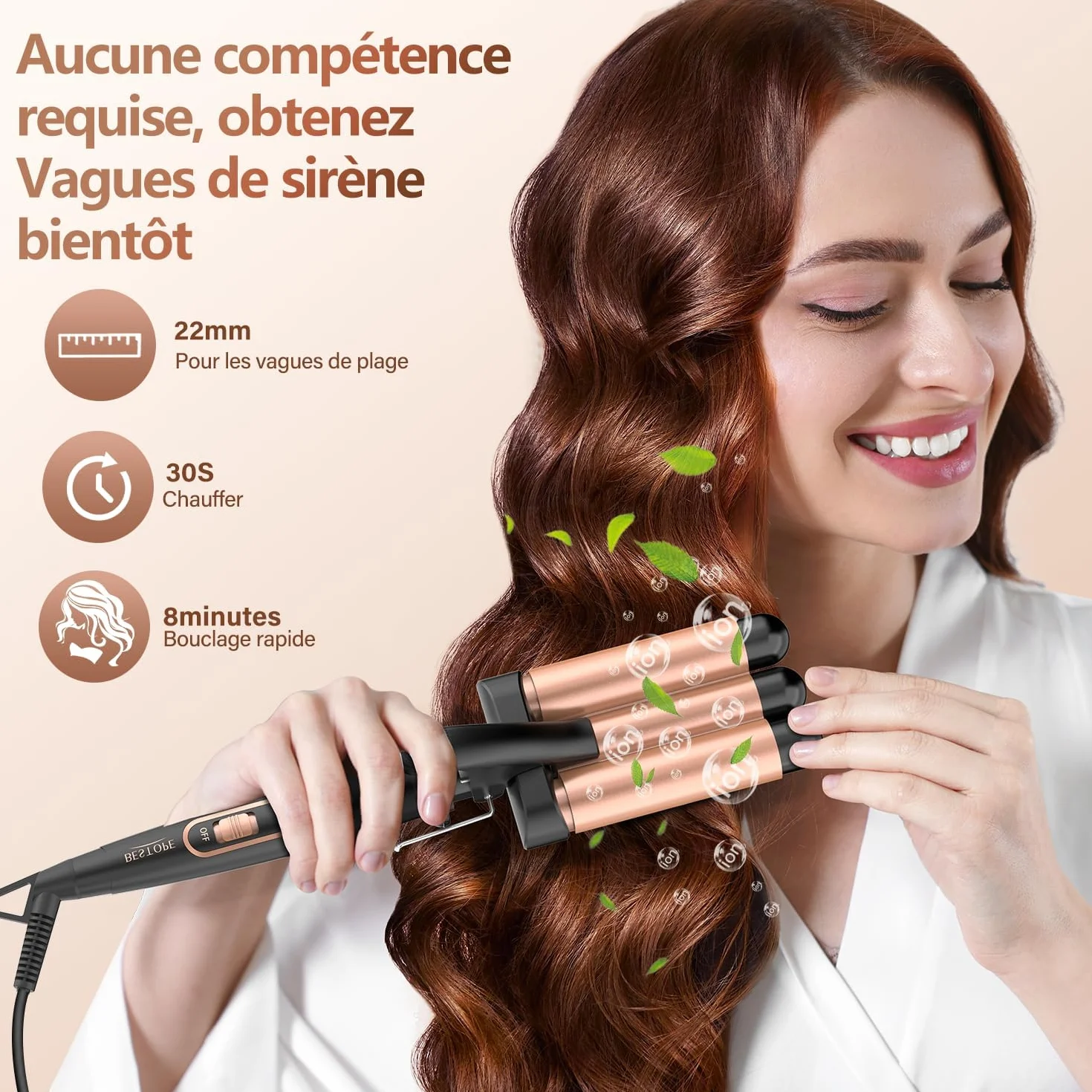 Boucleur 3 Tete Fer a Boucler- 22mm Boucleur a Cheveux en Céramique Fer à Friser 2 Températures, Fer a Onduler Chauffage Rapide pour Cheveux Longs, Courts