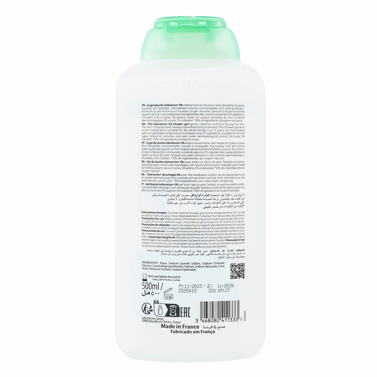 Corine de Farme Gel Douche Hypoallergénique 0% Tolérance+ Peaux Sensibles pH Neutre Sans Savon ni Colorant 500ml