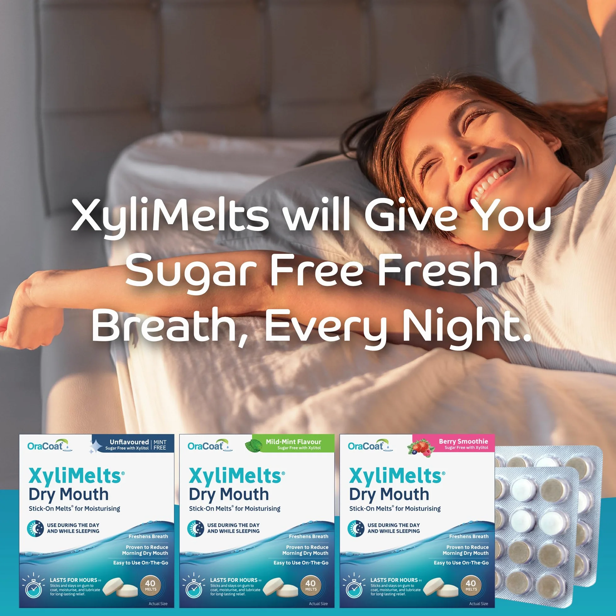 Xylimelts Bouche Sèche 40 Pastilles Adhérentes Menthe Douce Xylitol sans Sucre Action 8h