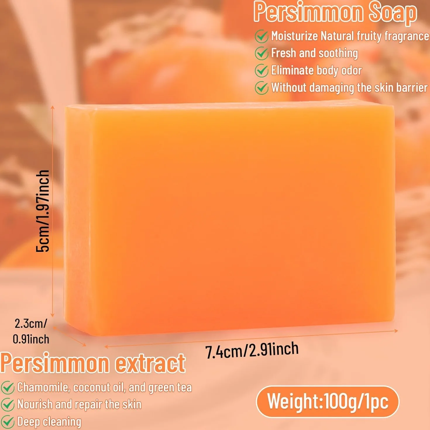 Savons au Kaki pour Personnes Âgées avec Filets Moussants, Lot de 3, Orange