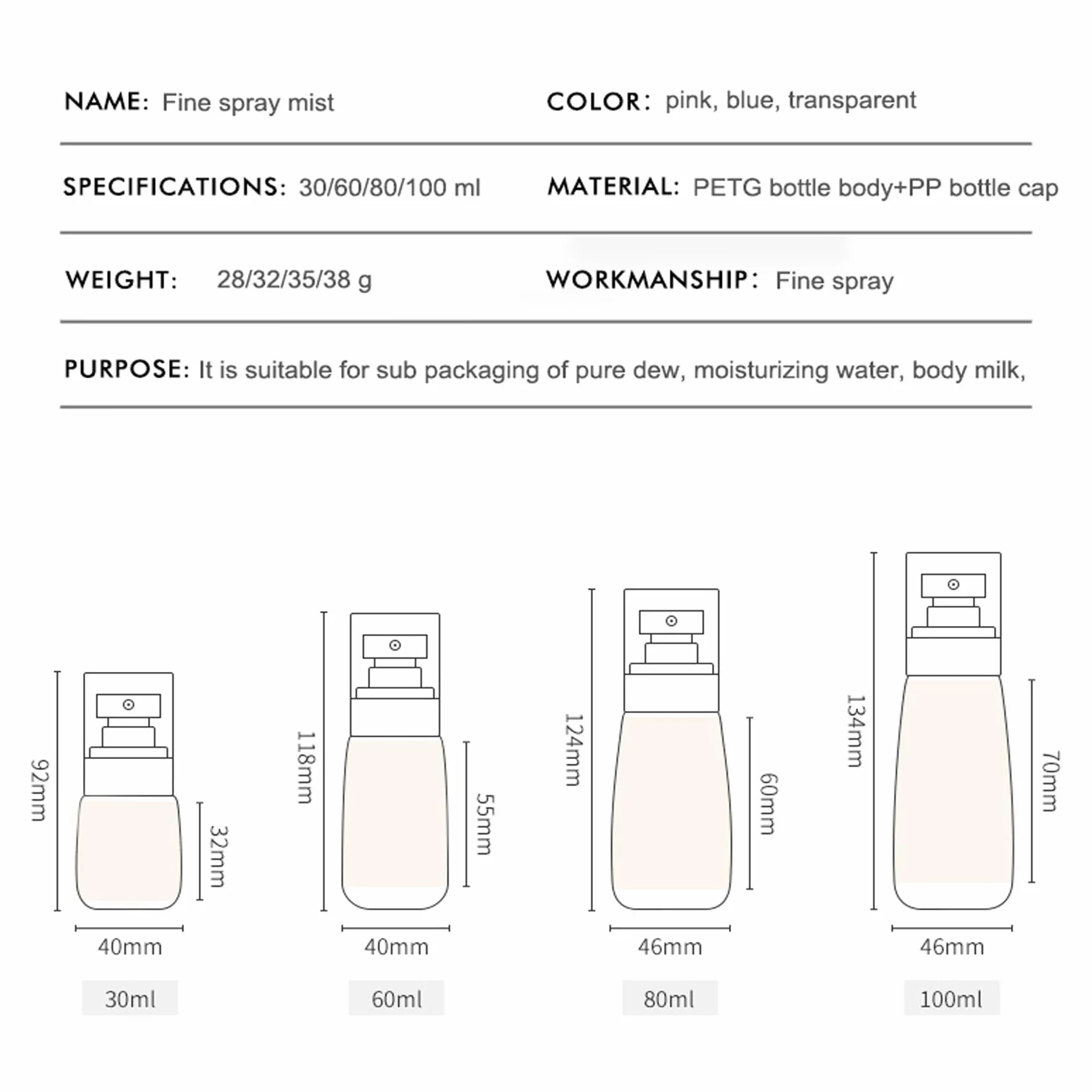 Lammcou Mini Flacons Spray à Brume Fine Lot de 3 Remplissables Anti-fuite Format Voyage TSA 60ml