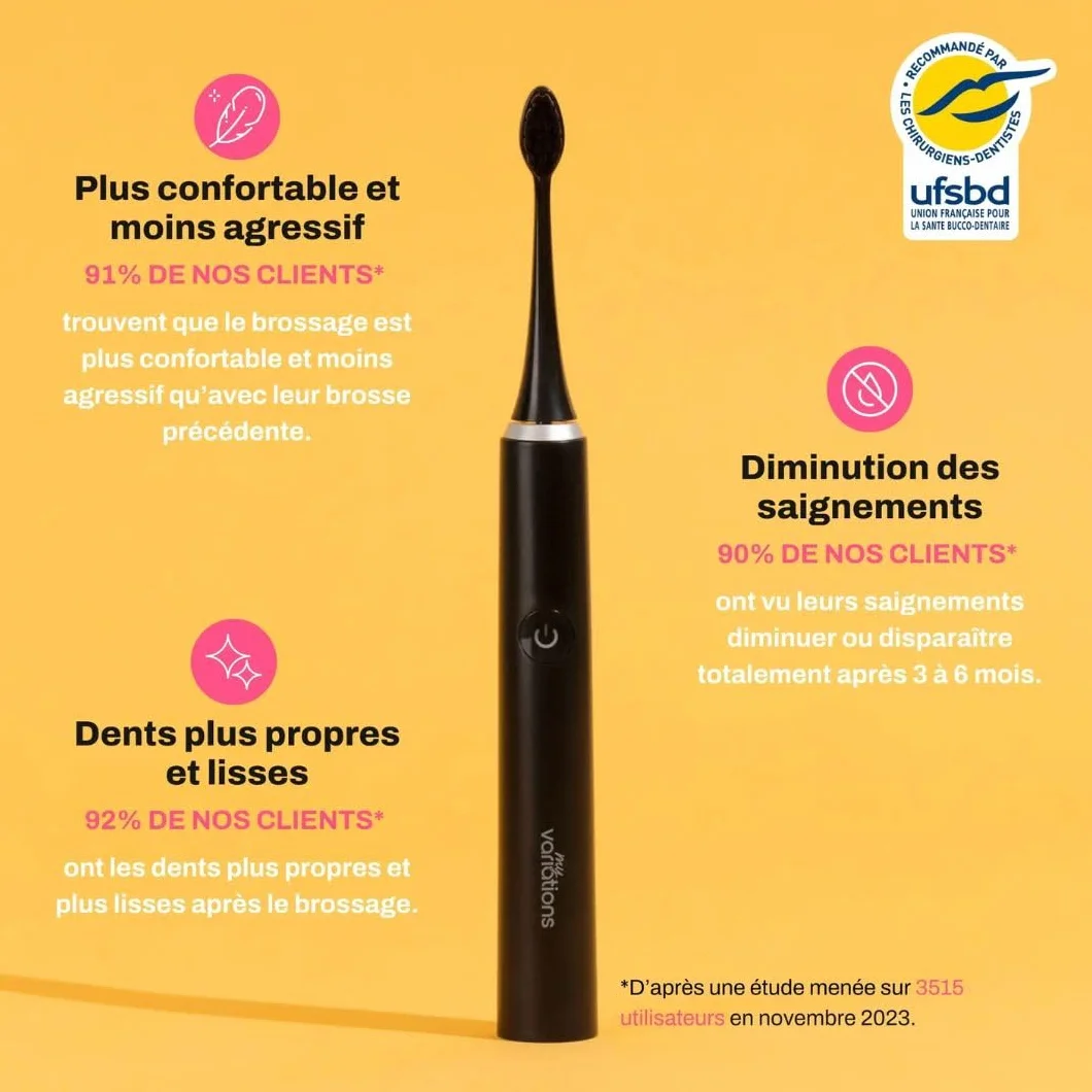 Brosse à Dents Électrique Sonique Noire Autonomie 1 Mois 5 Modes USB-C