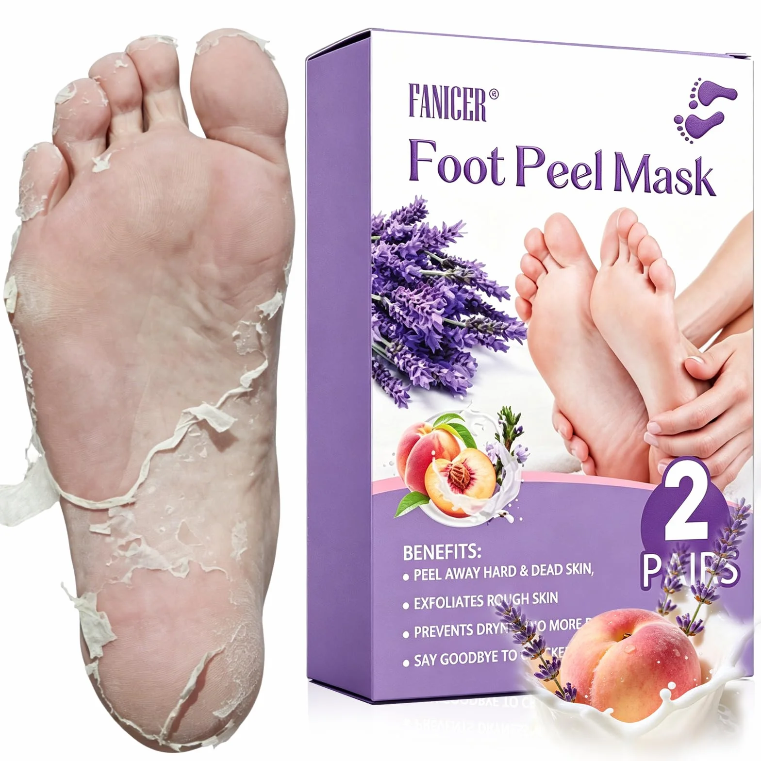 Masque Pied Peeling 2 Paires, Masque Hydratant pour Les Pieds, Soins Pieds, Pêche et Lavande