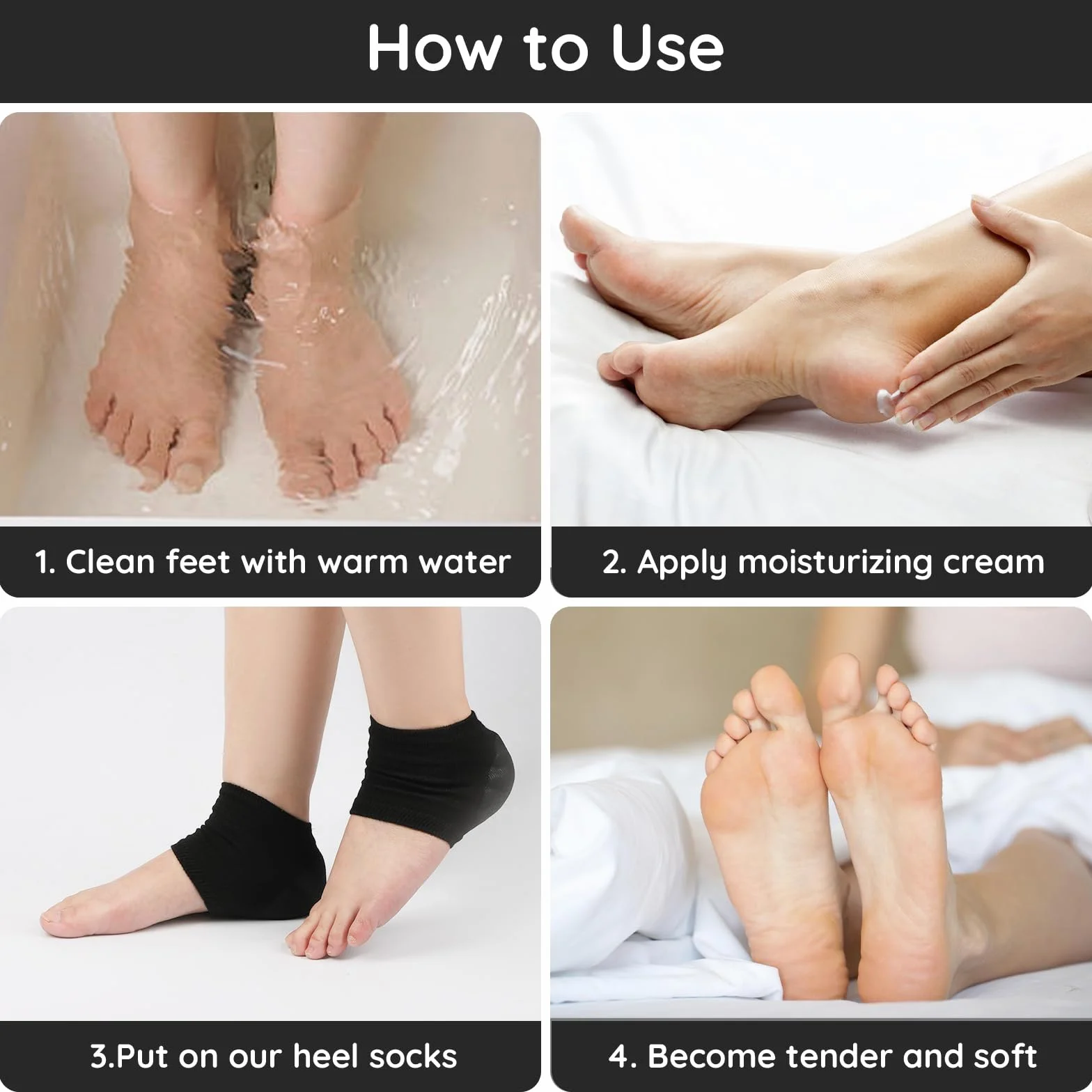 Segbeauty Chaussettes à Bout Ouvert en Gel, 4 Paires, Chaussettes Hydratantes pour Pieds Secs en Silicone (Noir)