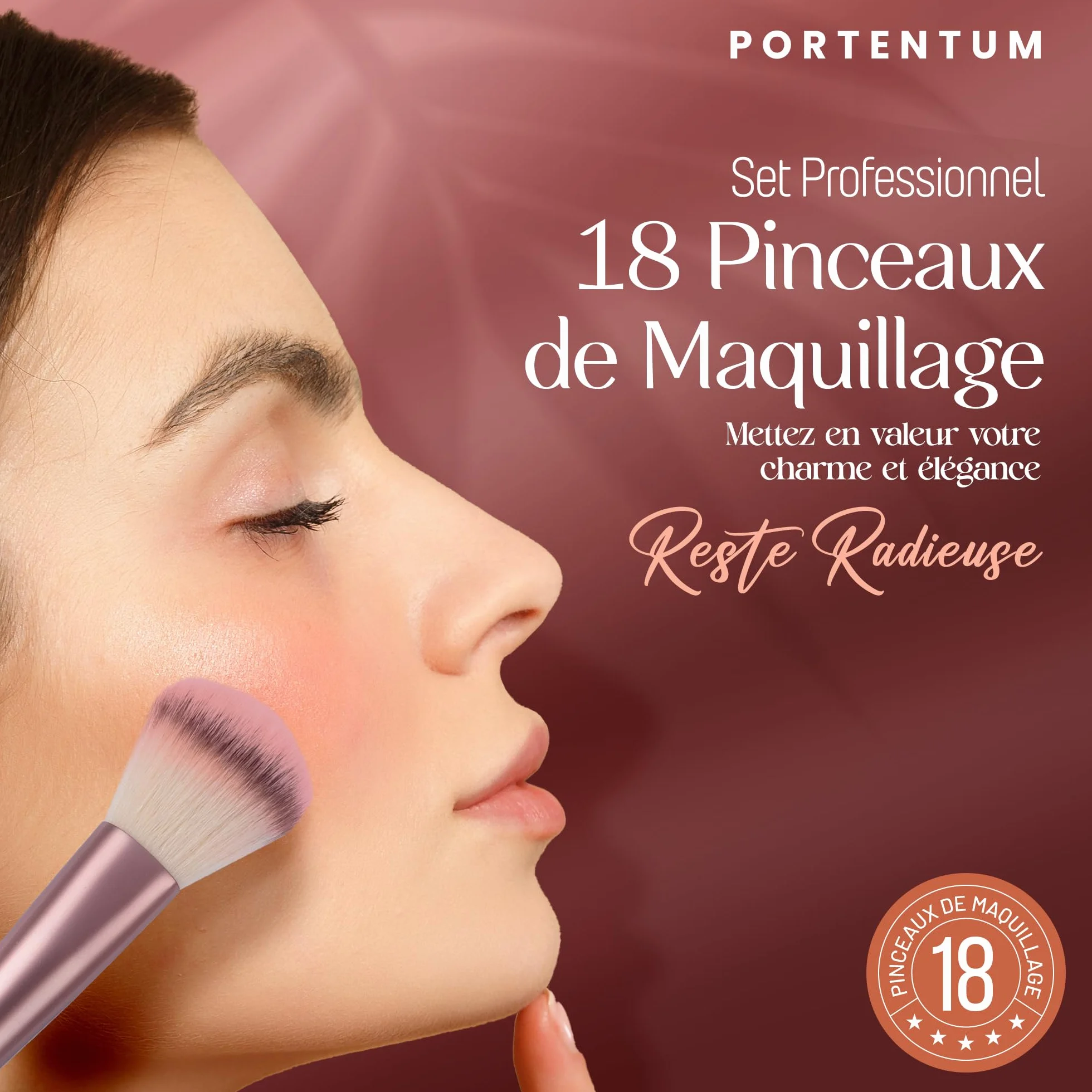 PORTENTUM Pinceaux maquillage Lot de 18 avec étui de voyage Kabuki fibre synthétique fond de teint