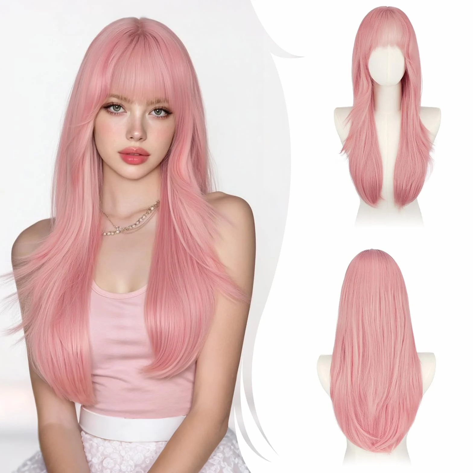 RUWISS Perruque pour Femmes Longue avec Frange, 65cm Naturelle Layered Perruques Raccord Visage Cheveux Synthétiques Naturels Résistantes pour Usage - Rose