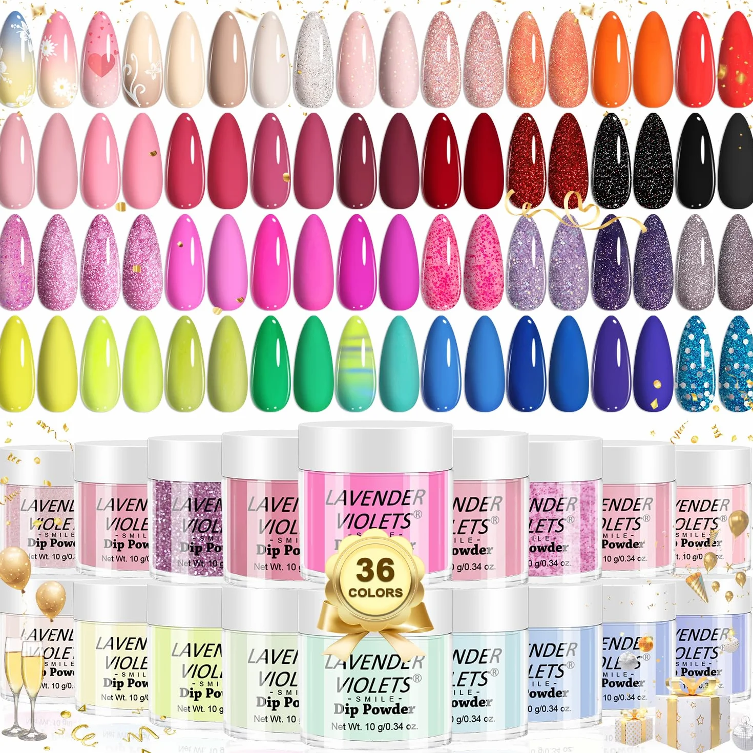 Lavender Violets 36 couleurs Dip Powder Nail Kit Starter Séchage rapide Poudre de trempage Nu palette complète Brillant Mat Nail Art Design M950
