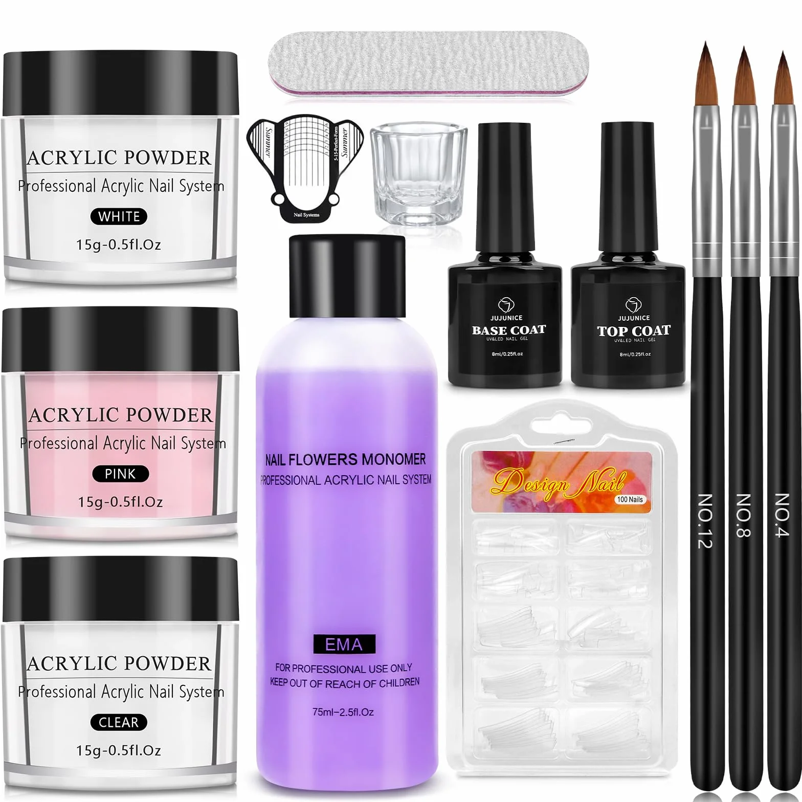 Yokilly Poudre Acrylique Pour Ongles: 30G Kit Avec Transparent Rose Blanc Résine - Professionnel Avec 100 Pièces Faux Ongles