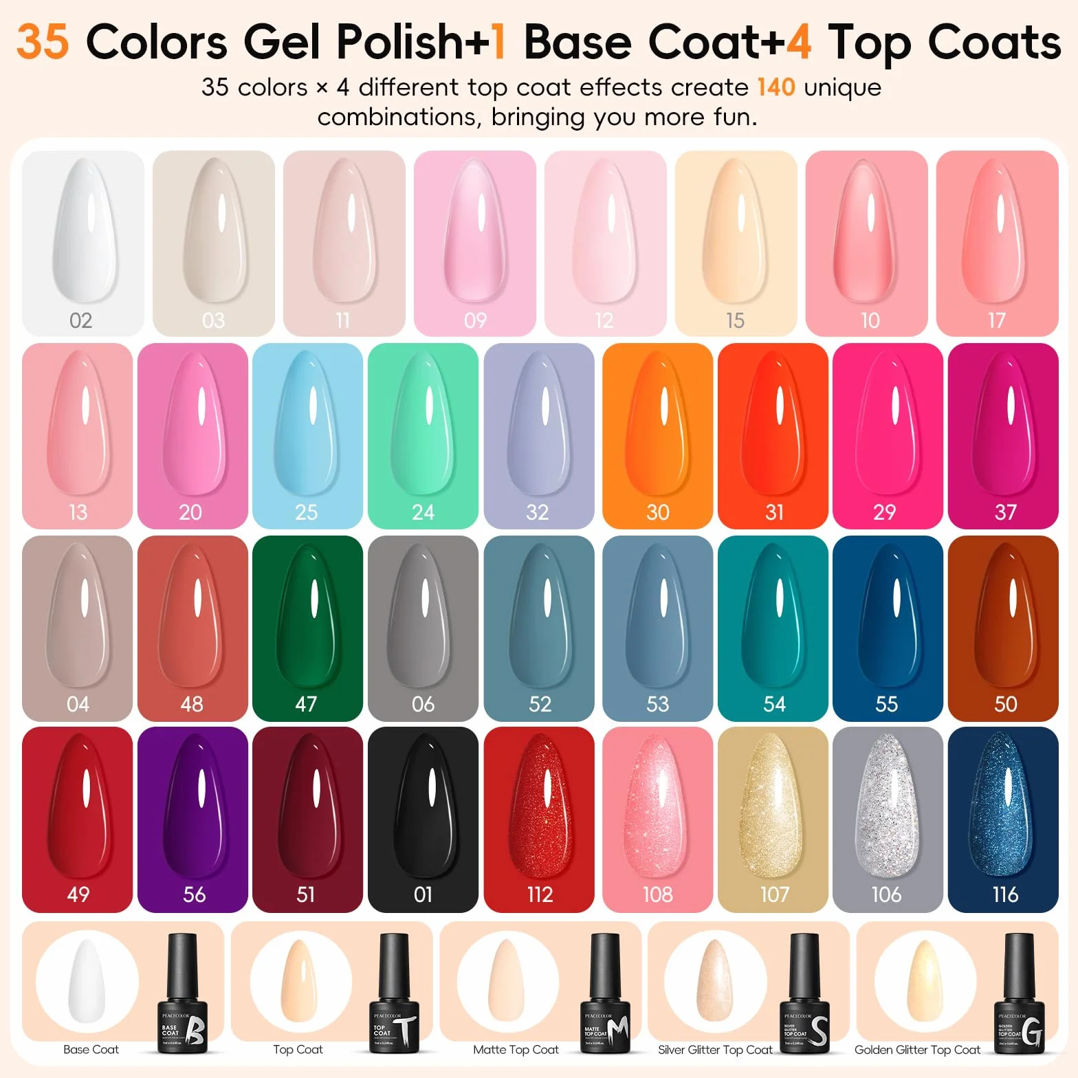 PEACECOLOR 40pcs Vernis Semi Permanent, 35 Couleurs Vernis Gel UV Semi Permanent Blanc Rouge Rose Bleu avec 5pcs Base Top Coat Vernis à Ongles Soak Off Gel Polish pour Salon DIY Débutant