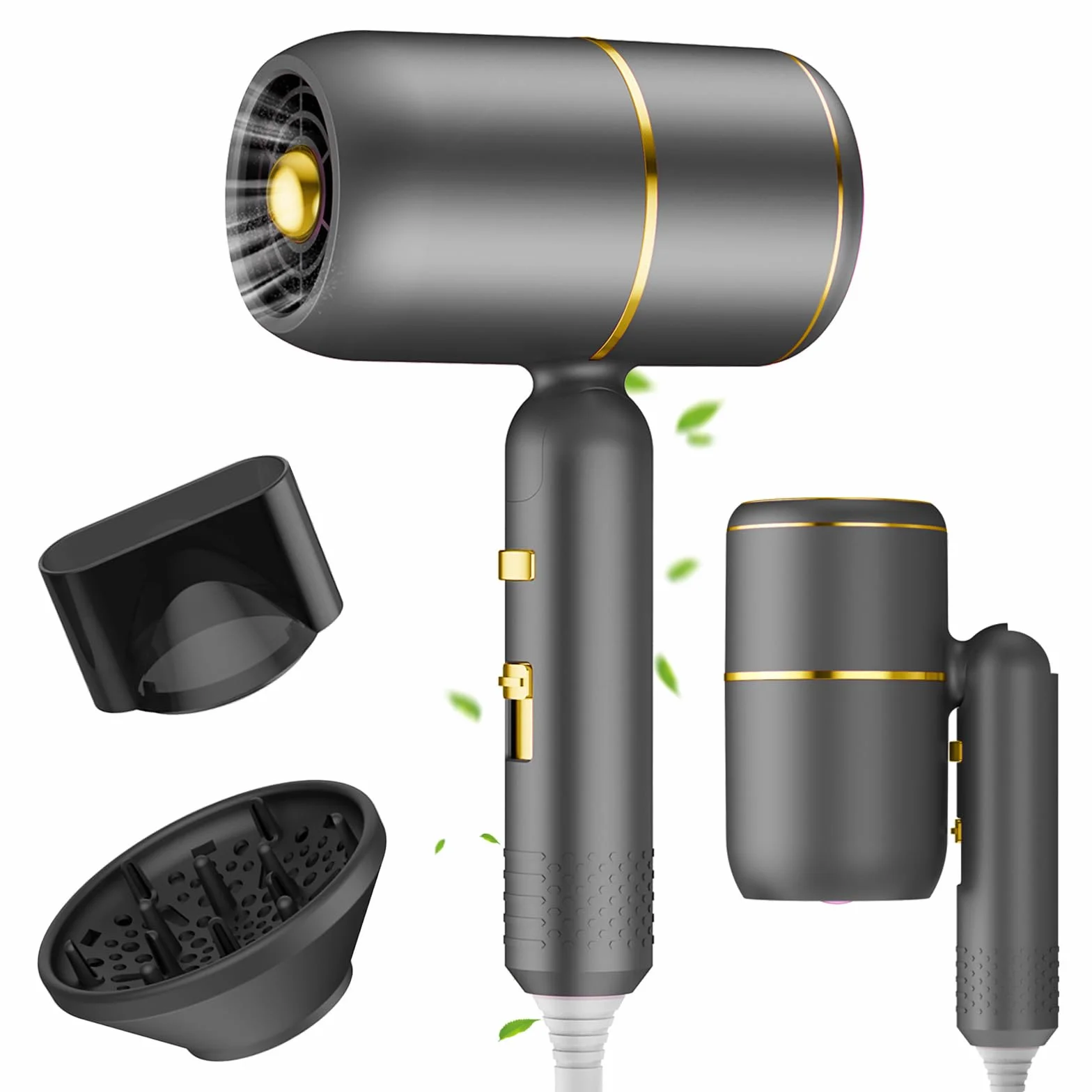 Sèche-Cheveux Pliable Moteur AC 2400W Ionique Anti-Frisottis | 3 Temp. + 2 Vit. + Air Froid | Diffuseur & Concentrateur | Silencieux Double Voltage