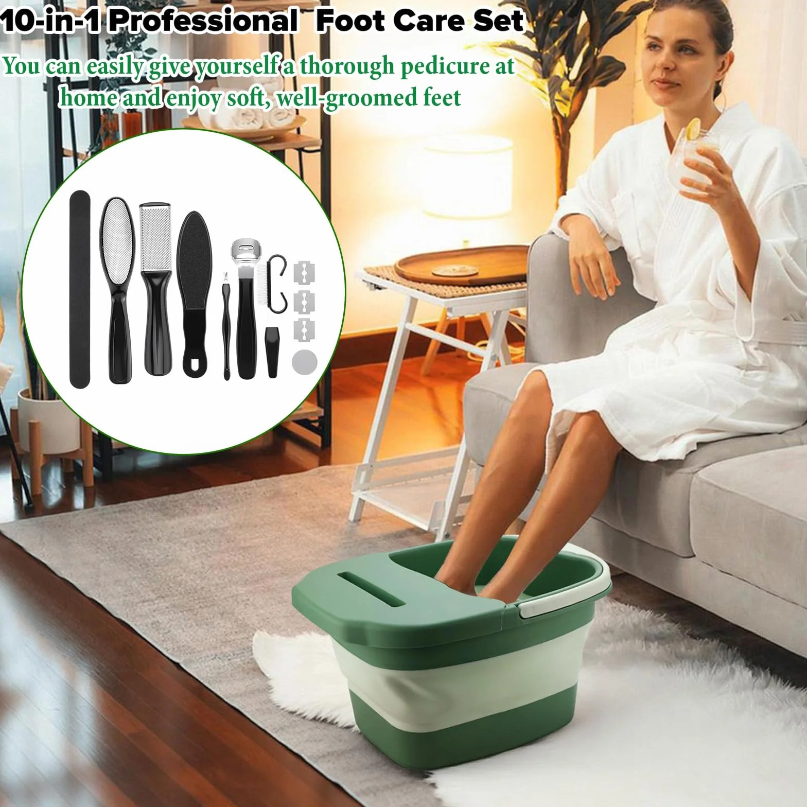 Baignoire pliable 10 en 1 avec fonction massage, limes à pieds en acier inoxydable et râpe pour callosités, bain de pieds pour pédicure professionnelle, bain de pieds bouillonnant pour soulager