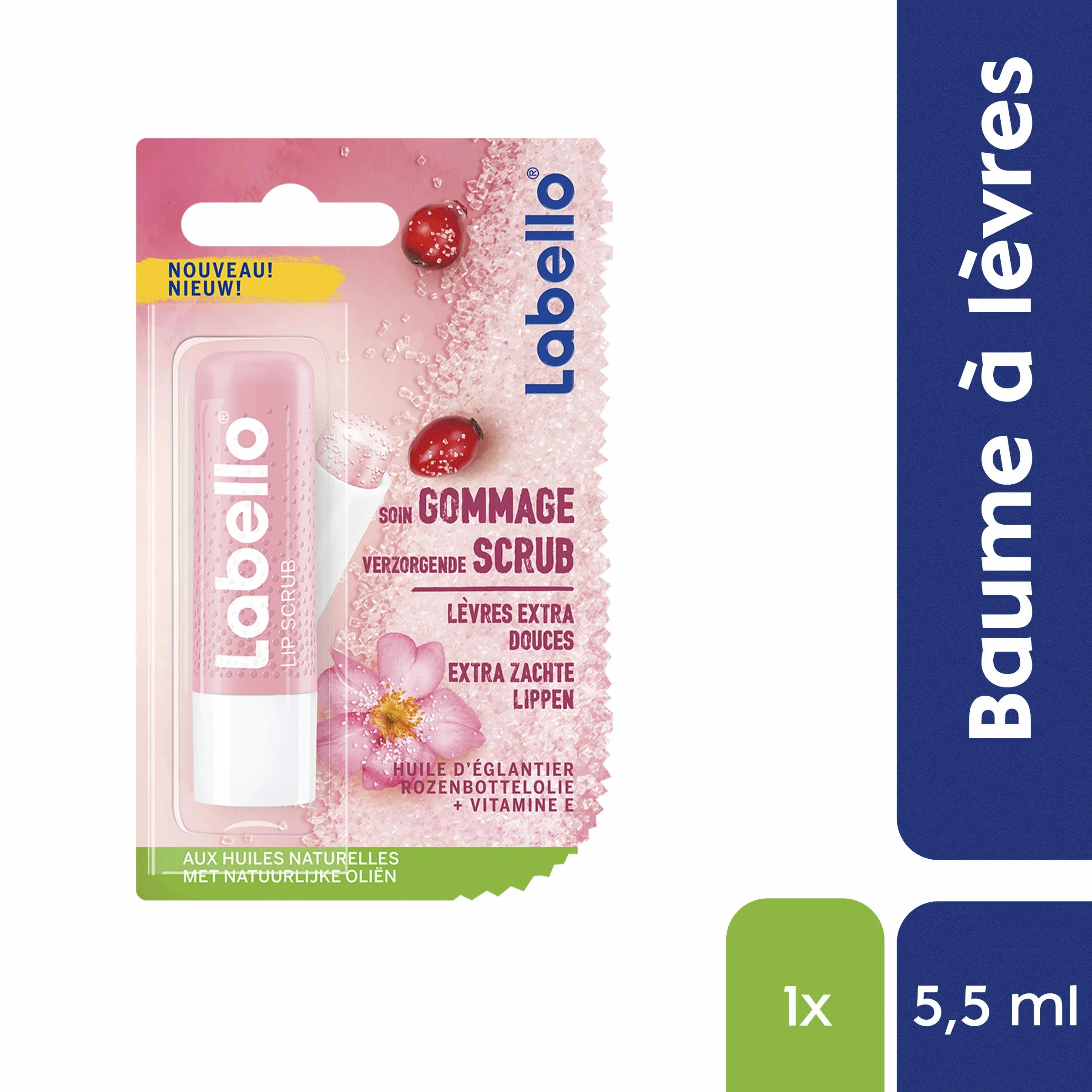Labello Stick lèvres gommage hydratant 5,5 ml exfoliant aux particules de sucre soin nourrissant à l'huile d'églantier et vitamine E