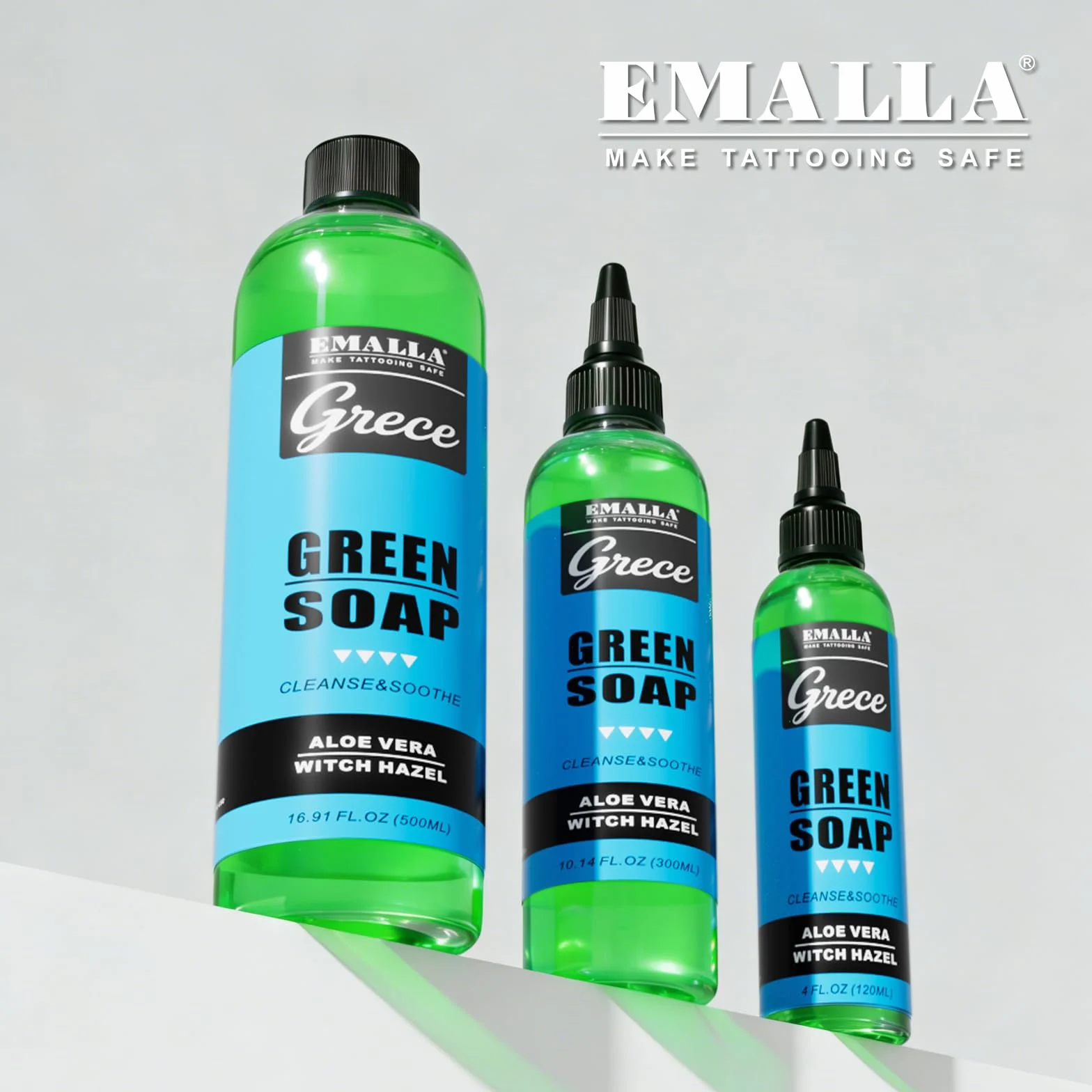 EMALLA 300 ml Tattoo Green Soap Ultra concentré avec flacon de lavage 250 ml - Nettoyant doux pour tatouage