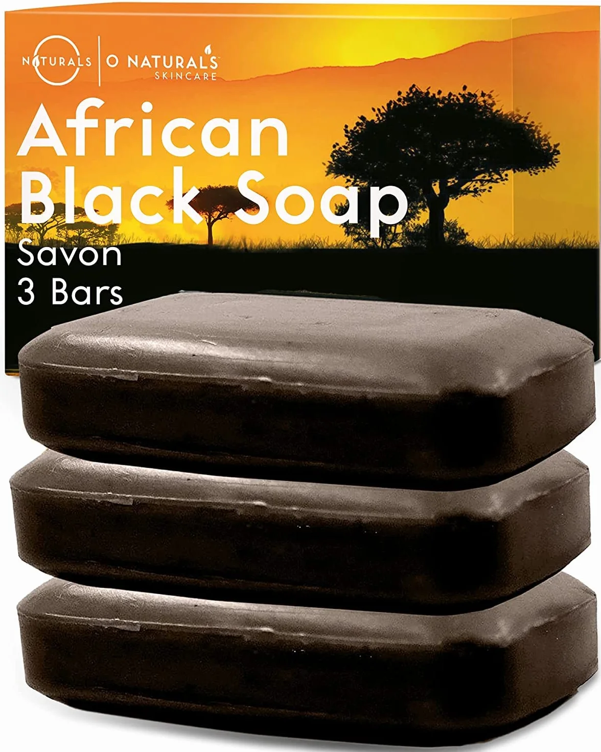 O NATURALS Savon noir africain biologique en pain, 3 pièces - Riche en beurre de karité africain - Gel douche et nettoyant visage naturel