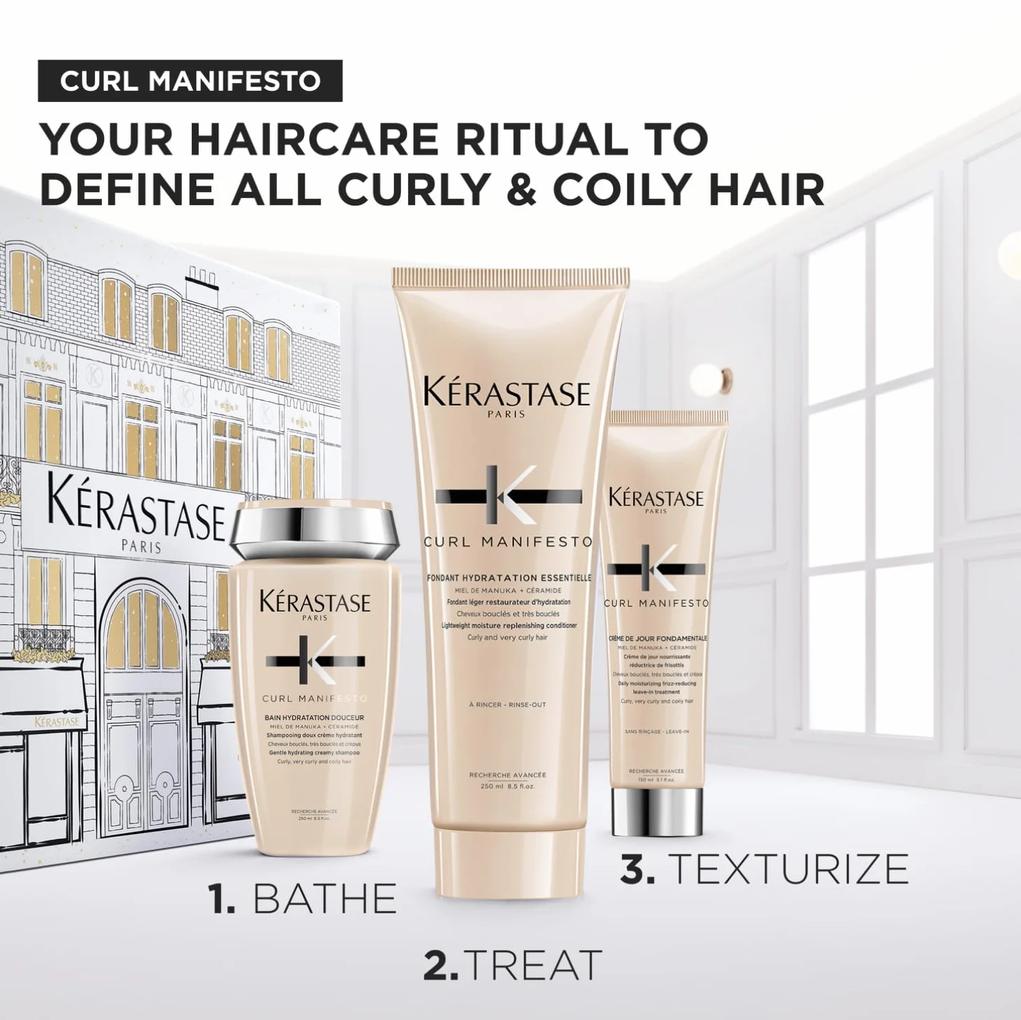 KÉRASTASE Curl Manifesto Coffret Routine Cheveux Bouclés Shampoing Fondant Texturisant Hydrate Sublime Boucles Miel de Manuka
