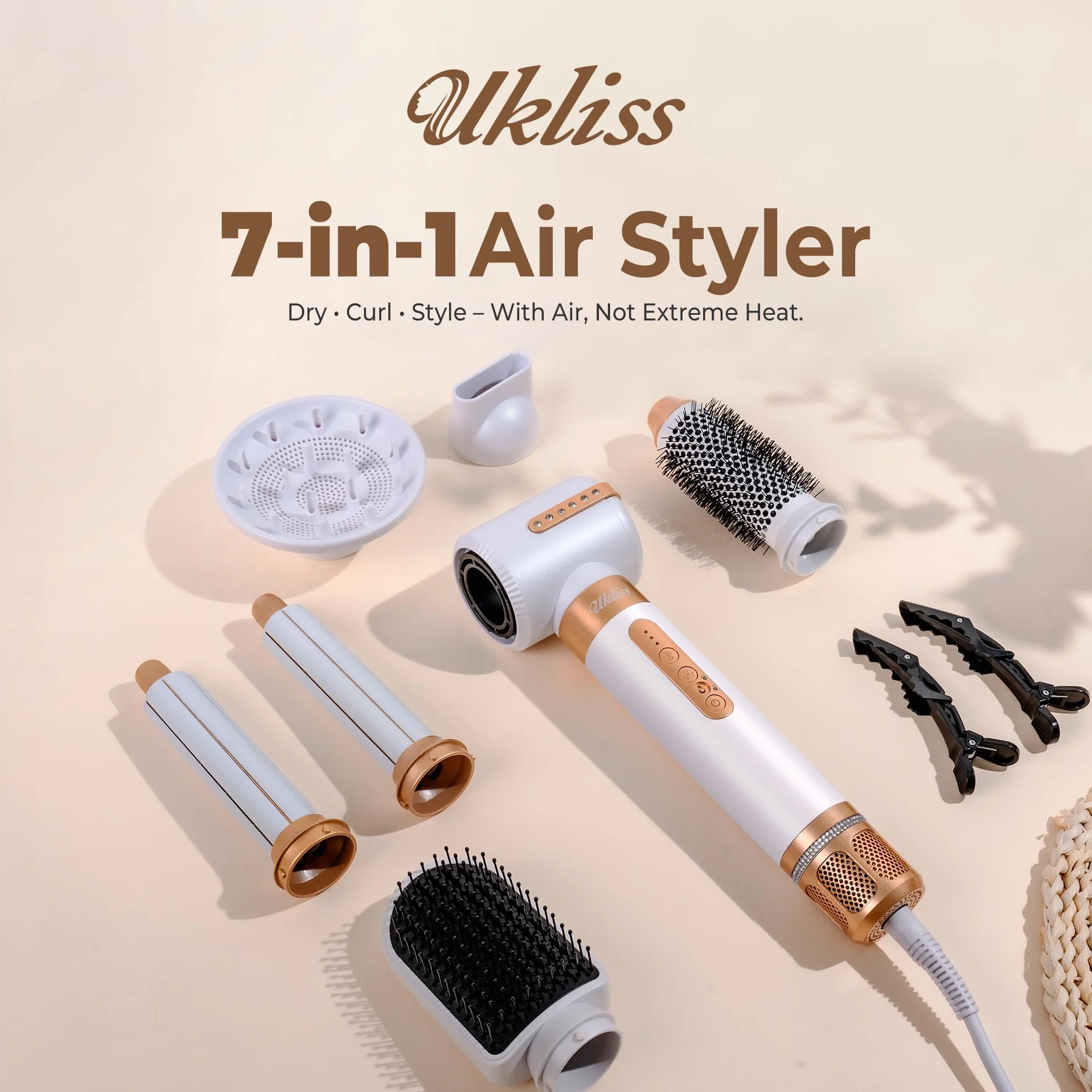 UKLISS Sèche Cheveux Air Styler Pro 7 en 1 1400W Professionnel Boucleur Automatique Fer Lisser Brosse Soufflante Blanc
