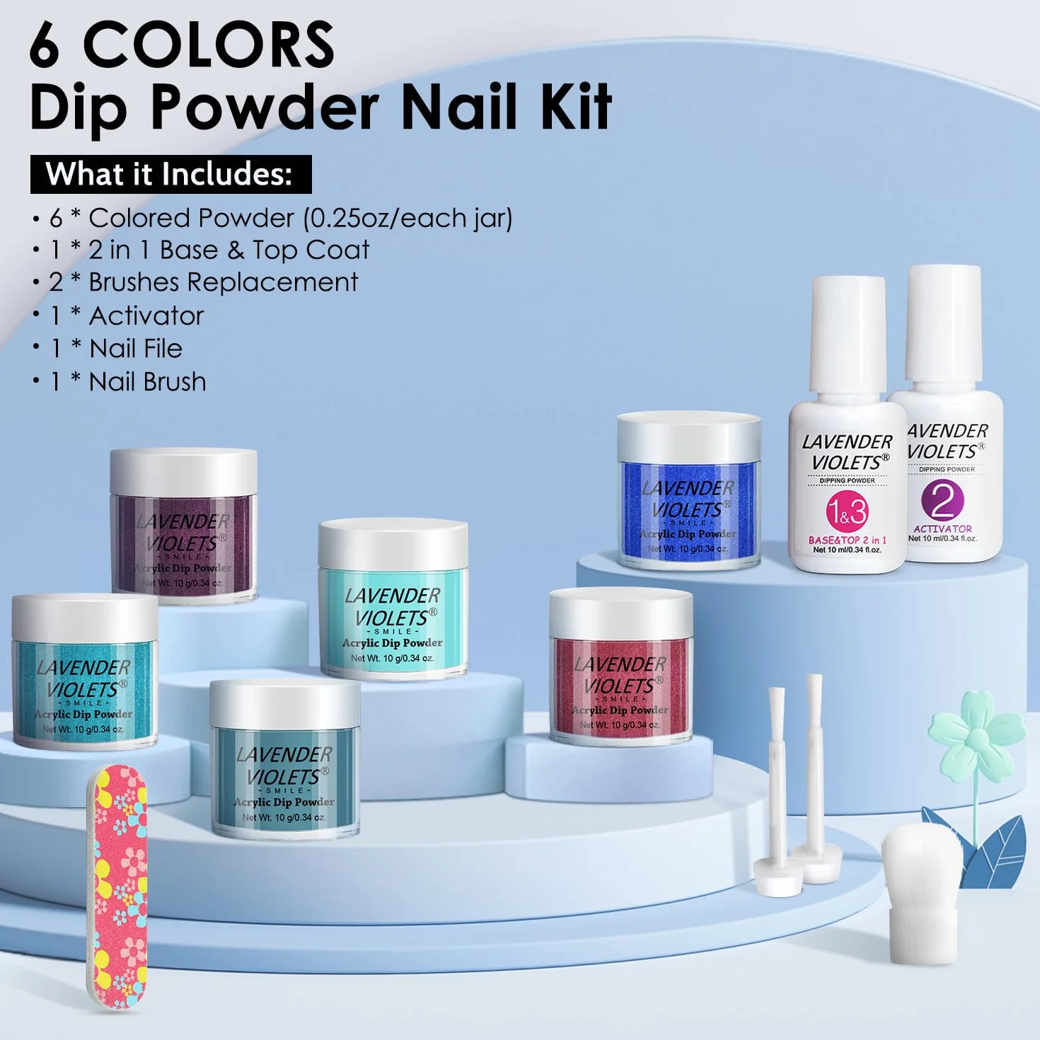 Lavender Violets 6 Couleurs Acrylique Trempage Poudre French Nail Manucure Base Activateur Vernis Finition Brosse Lime