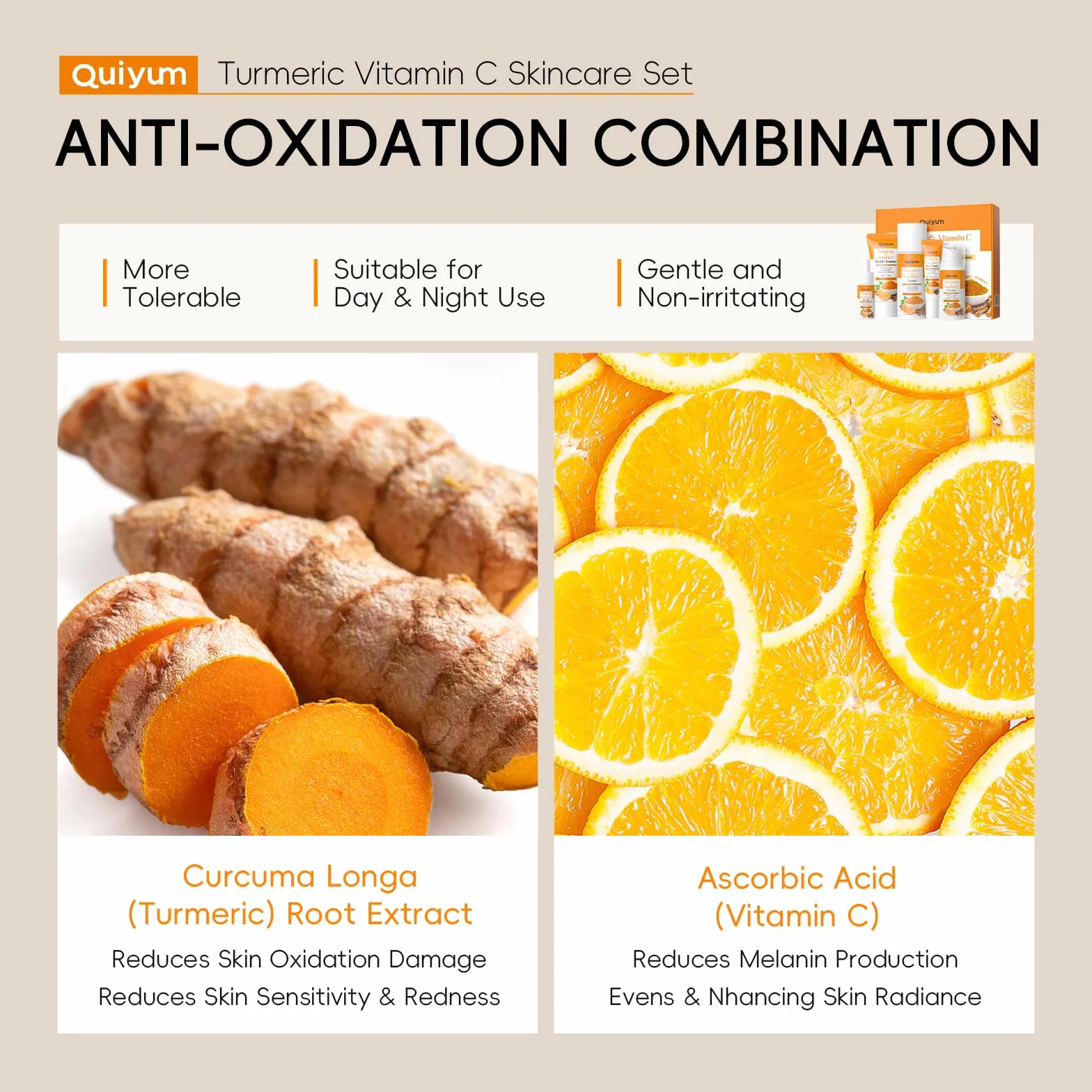 QUIYUM Coffret Soins Visage Curcuma Vitamine C 5 Pièces Hydratant Nettoyant Toner Crème Yeux Essence