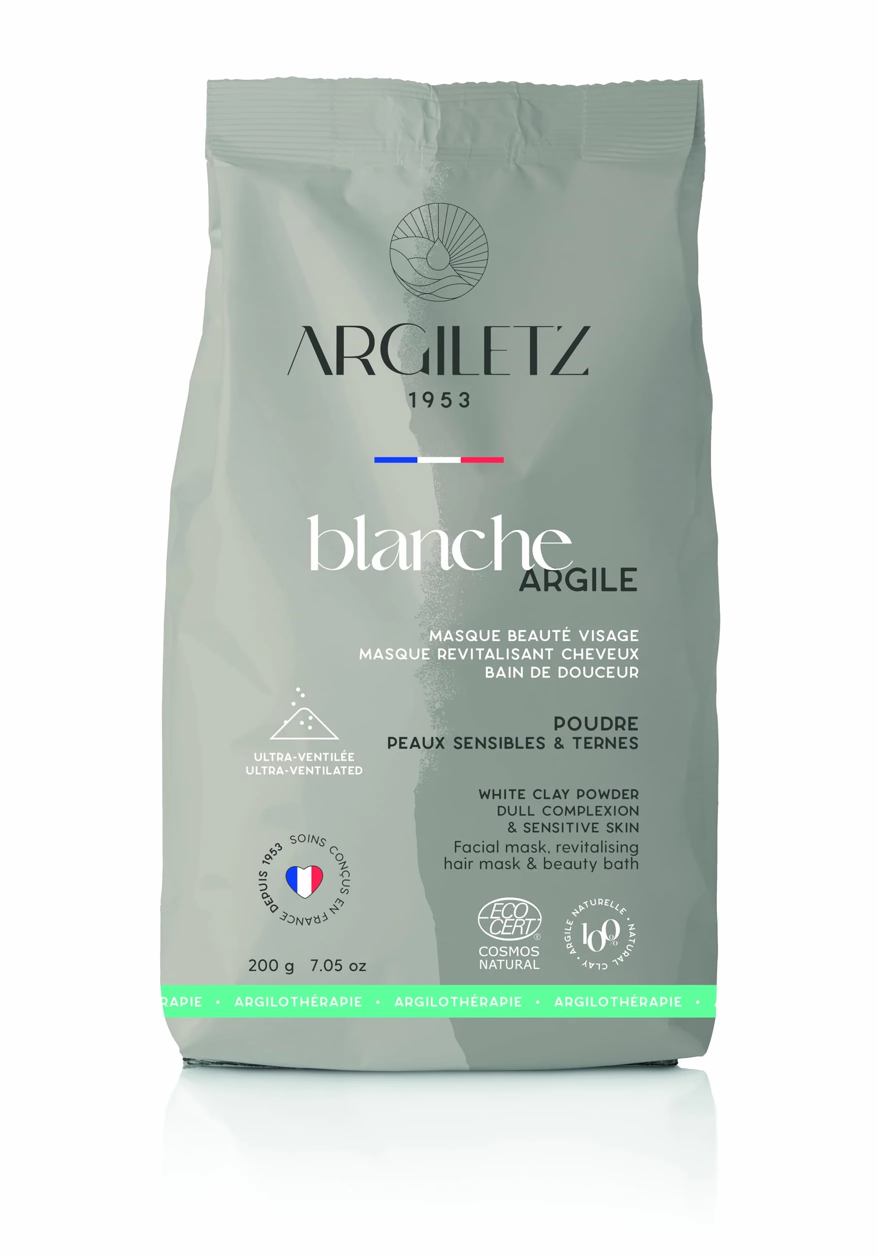 Argiletz Argile Blanche Ultra Ventilée 200g Poudre Très Fine – Masque Visage Cheveux Peaux Mixtes Sensibles Argile Naturelle