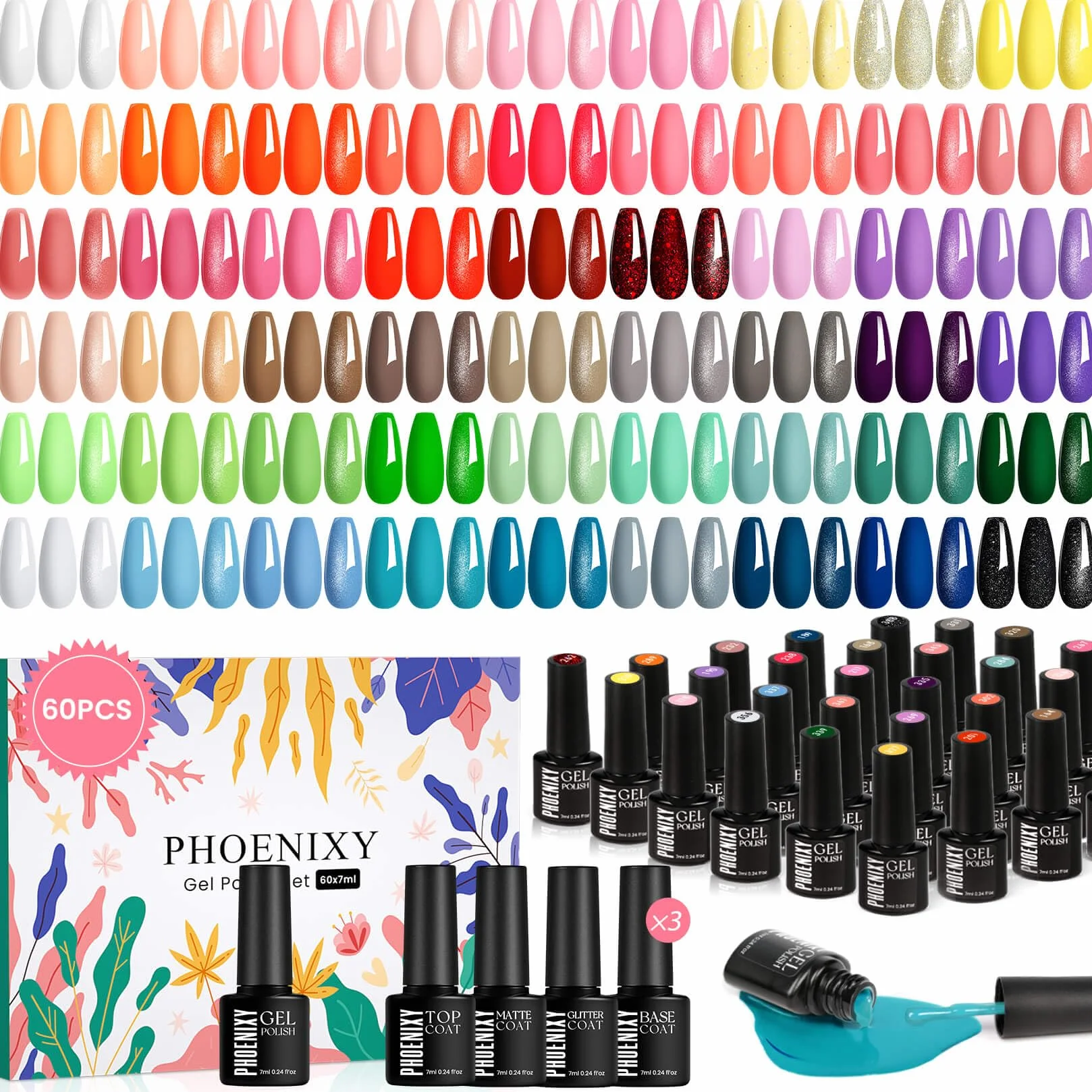Phoenixy Vernis Semi Permanent, 60PCS Kit Vernis Semi Permanent avec Base et Top Coat de Pailleté Glossy Matte Jaune Rouge Vert Bleu Vernis à Ongles Cadeau Pour Femmes