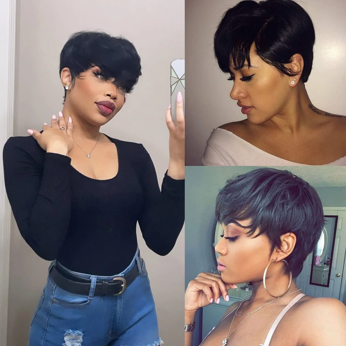 Perruque Courte short Pixie Human Hair Wig with Bangs Perruque De Cheveux Humains lisse Brésilienne Cheveux avec Frange Naturelle Perruques pour Femmes (Noir)