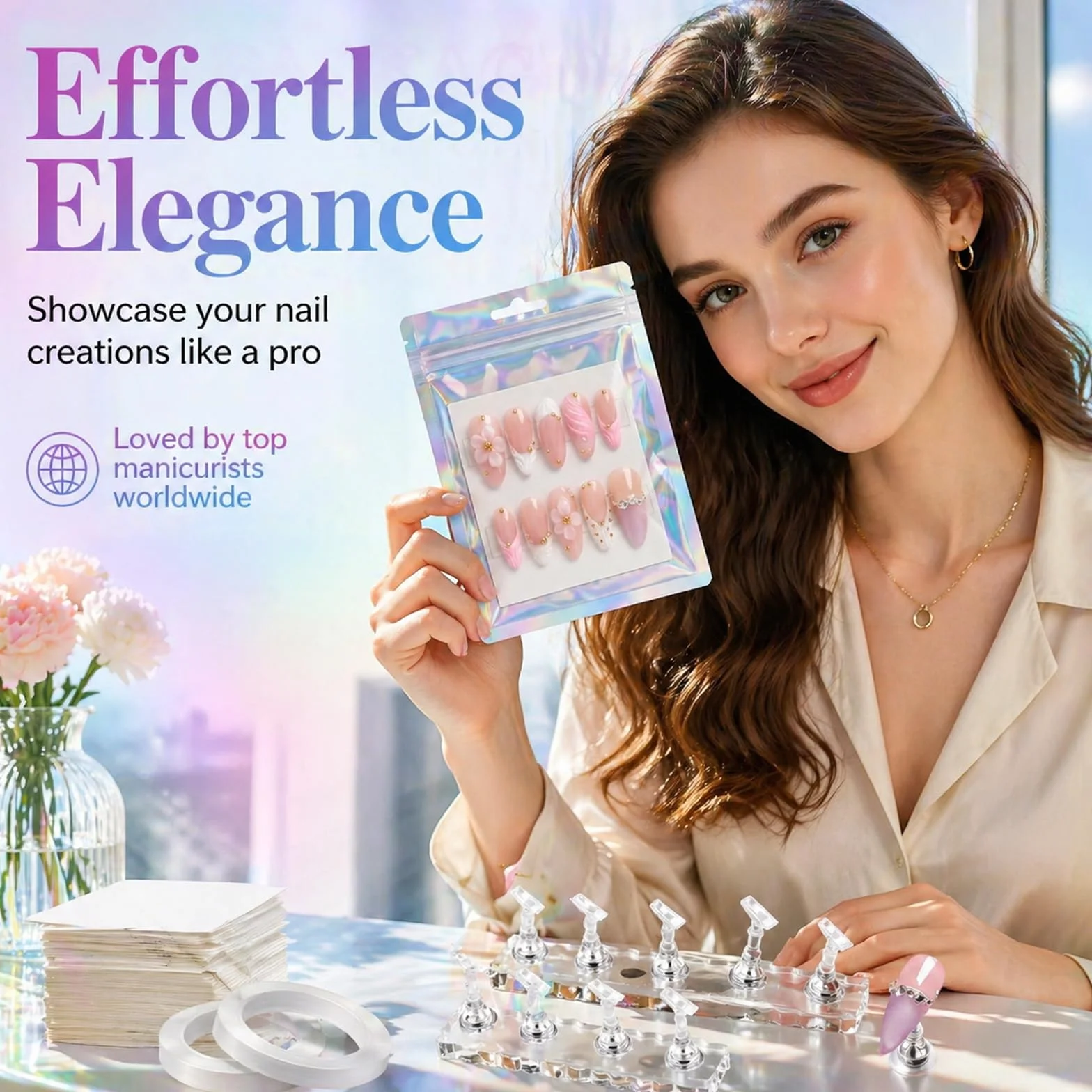 Sacs pour Ongles à Coller, Boîte de Rangement pour Faux Ongles avec Support