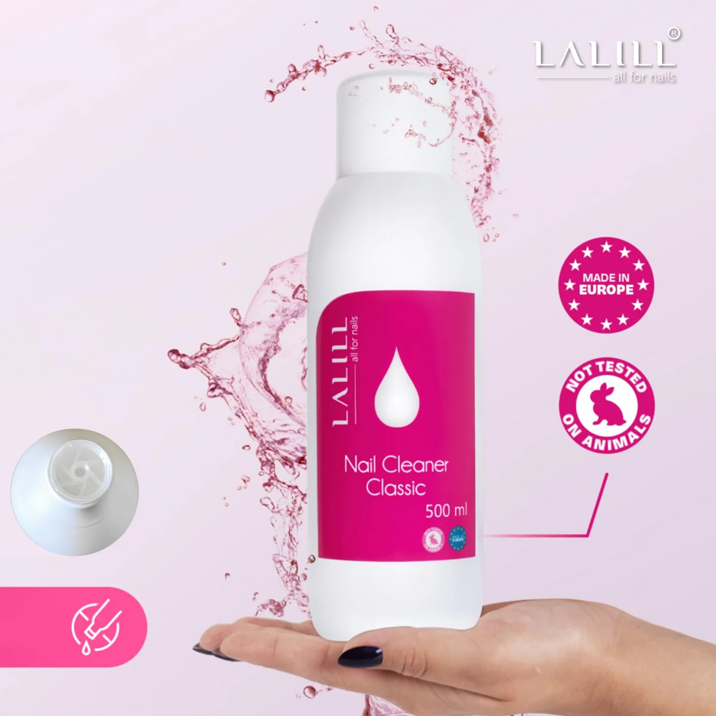 LALILL Cleaner Ongles Dégraissant 500ml Kit - Nettoyant pour Ongles avec Flacon Pompe 200ml, 500 Pads et Brosse